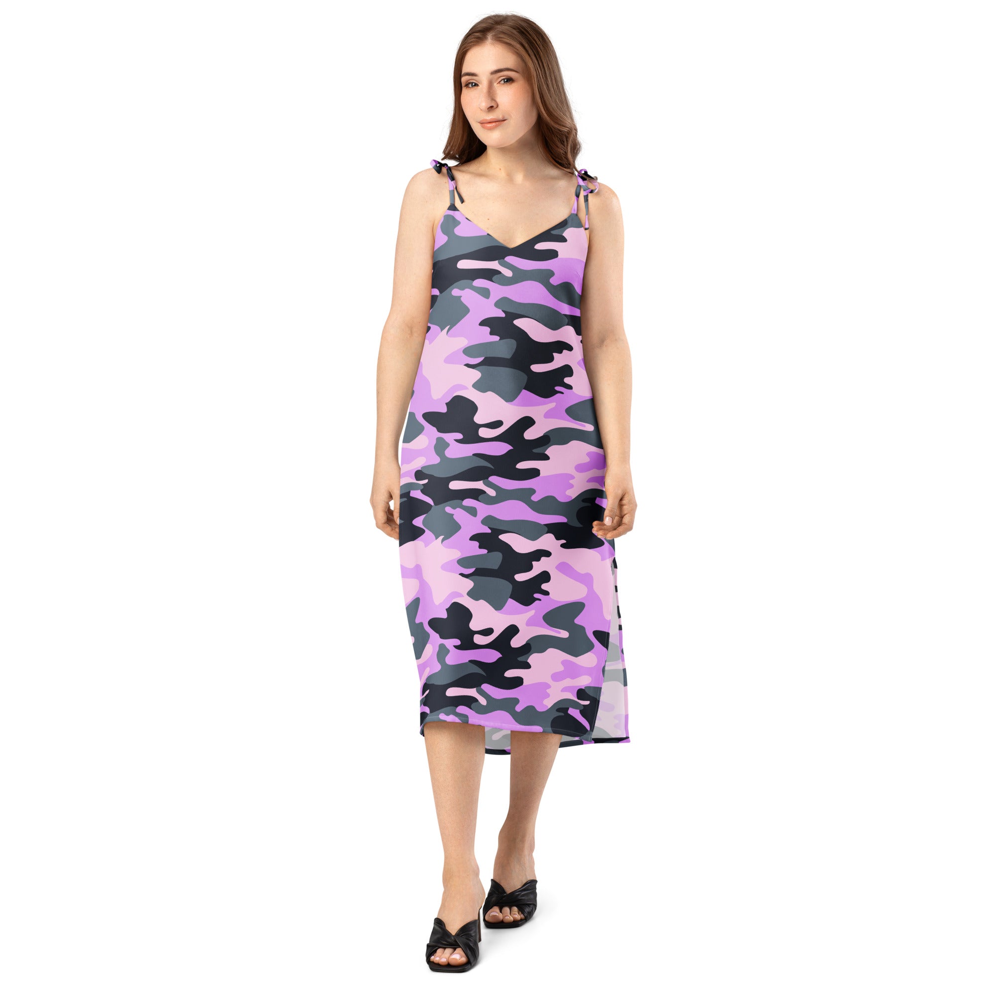 Women’s purple camouflage slip dress midi with adjustable tie straps lavender and black spaghetti strap v-neckline