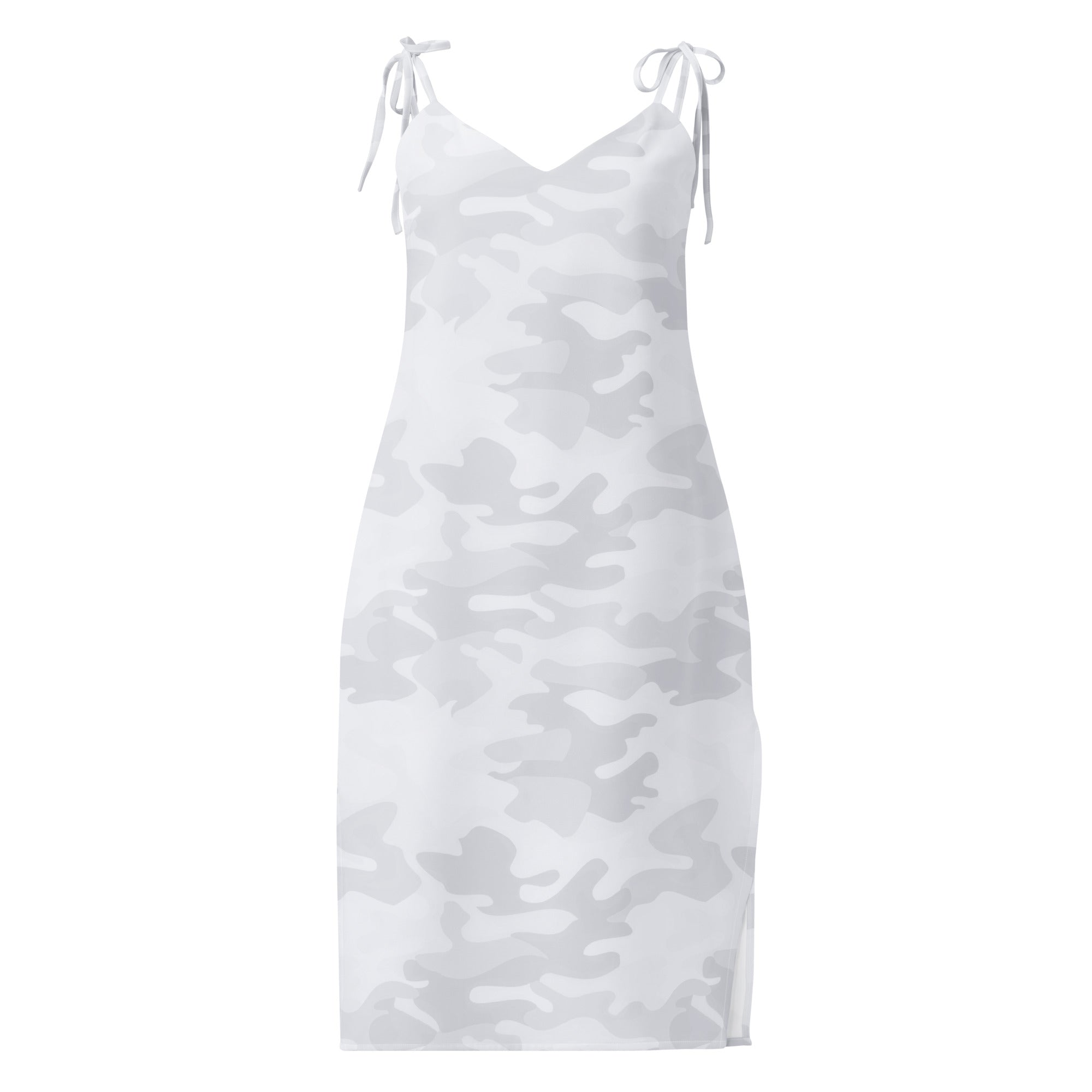Women’s white and gray camouflage midi slip dress with adjustable tie straps and built-in bra front view