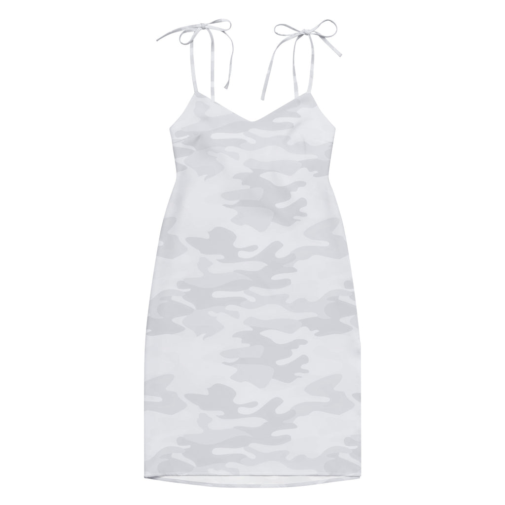 Women’s white camouflage midi slip dress with adjustable spaghetti tie straps and built in bra shown from the back