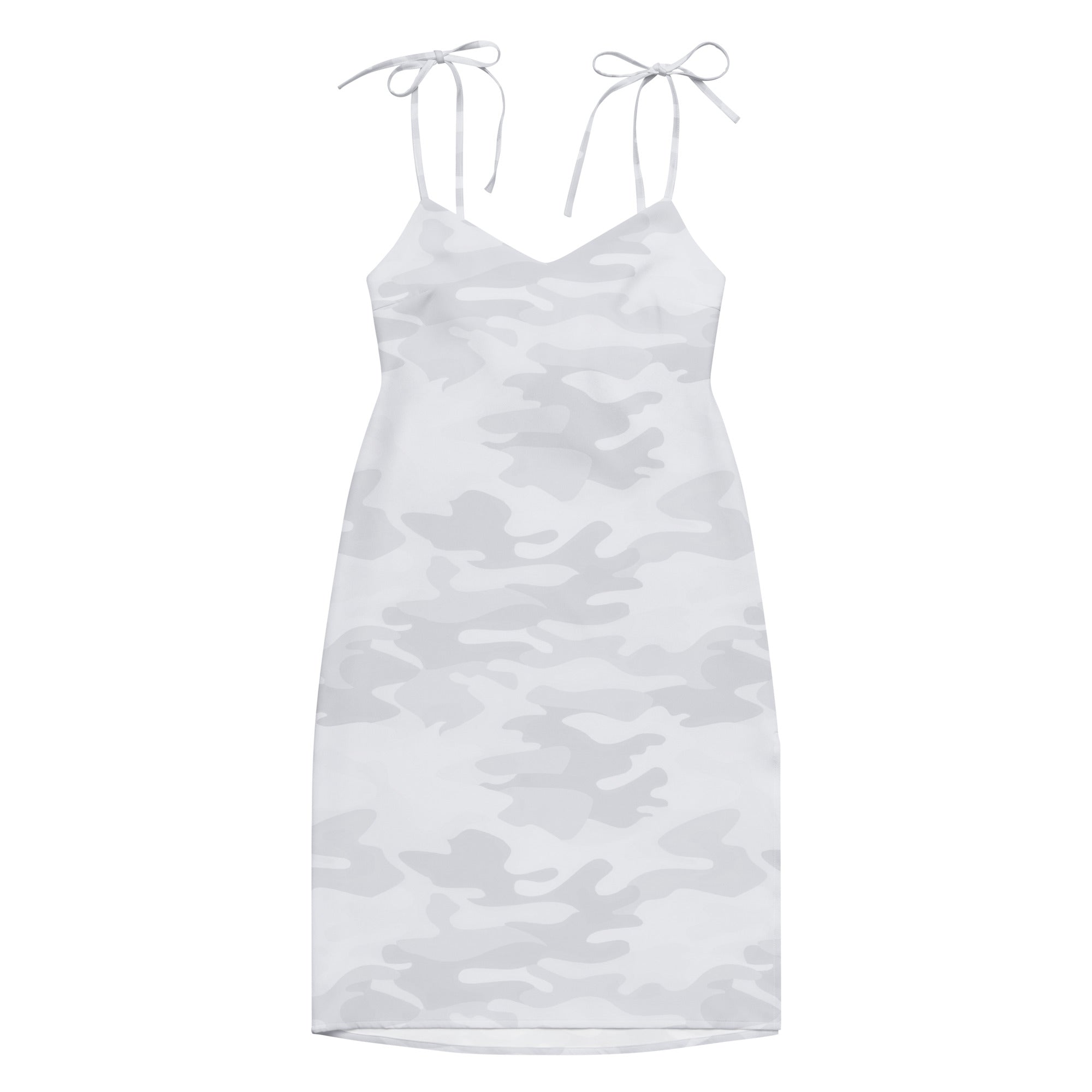Women’s white camouflage midi slip dress with adjustable spaghetti tie straps and built in bra shown from the back