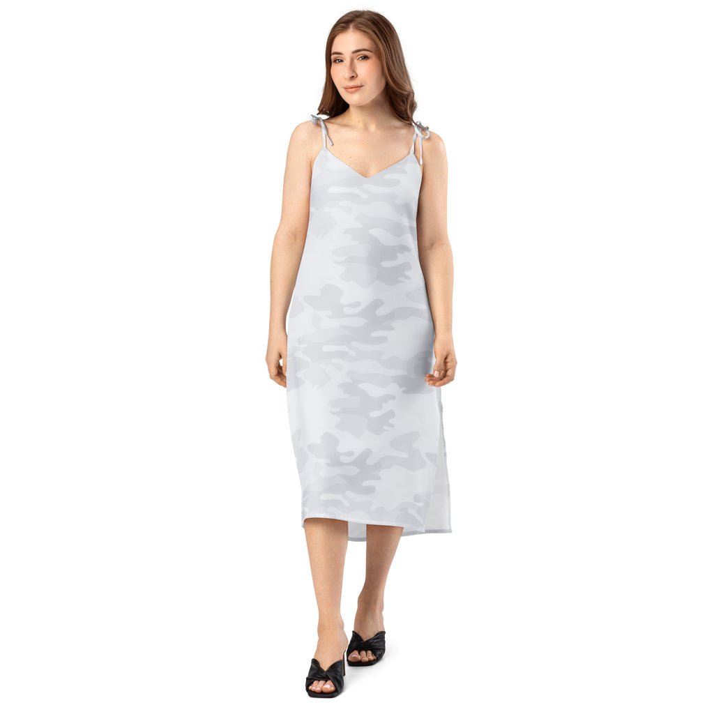 A women’s white camouflage light gray slip dress with adjustable tie spaghetti straps and built-in bra midi style