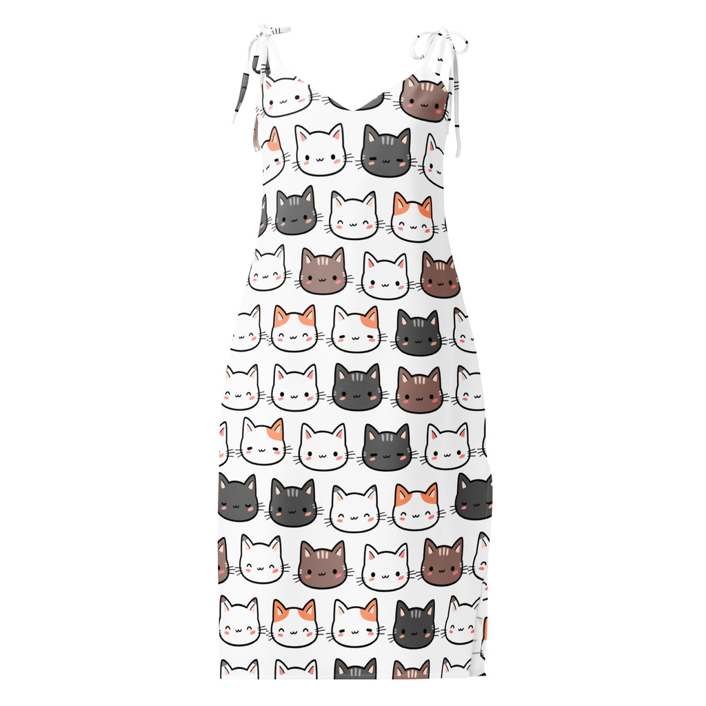 White sleeveless women’s midi slip dress with adjustable tie straps and built in bra featuring colorful cartoon cats