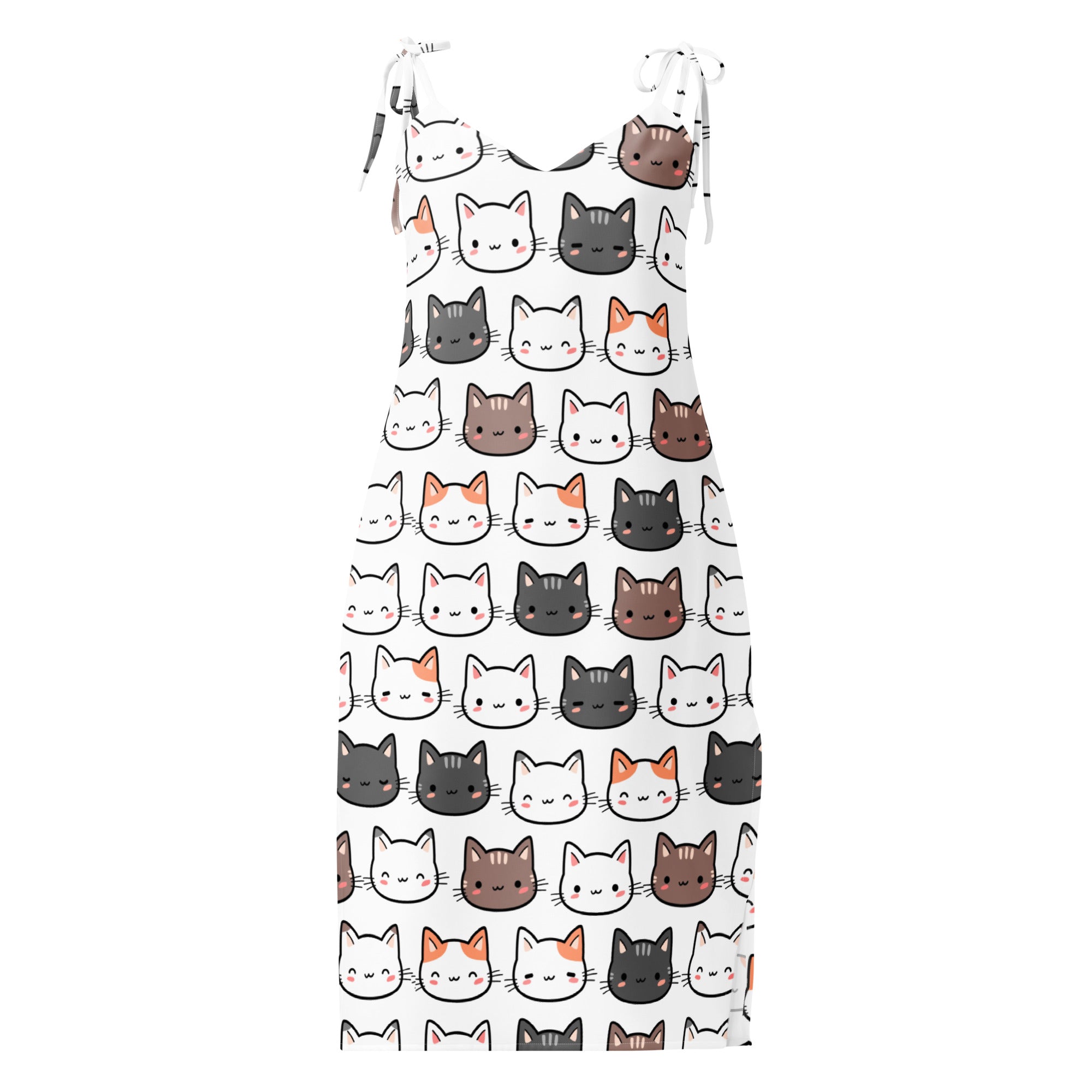White sleeveless women’s midi slip dress with adjustable tie straps and built in bra featuring colorful cartoon cats