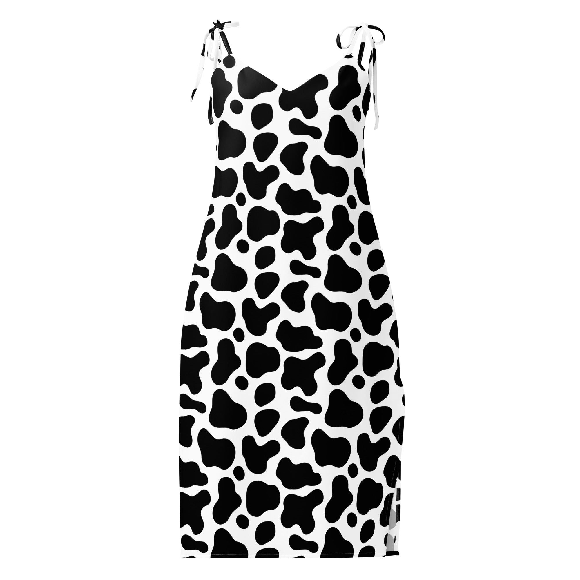 Dress with black and white cow pattern on a white background