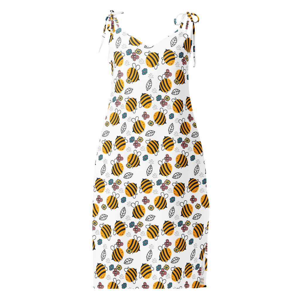 White sleeveless midi dress with yellow and black bee floral pattern adjustable tie straps and built in bra