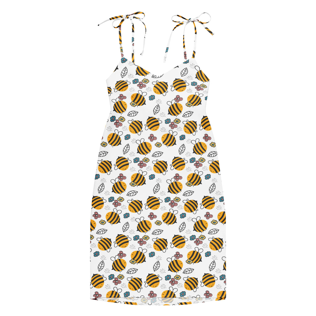 Women’s white floral yellow bumblebee slip dress midi with adjustable tie straps and built in bra featuring bee print