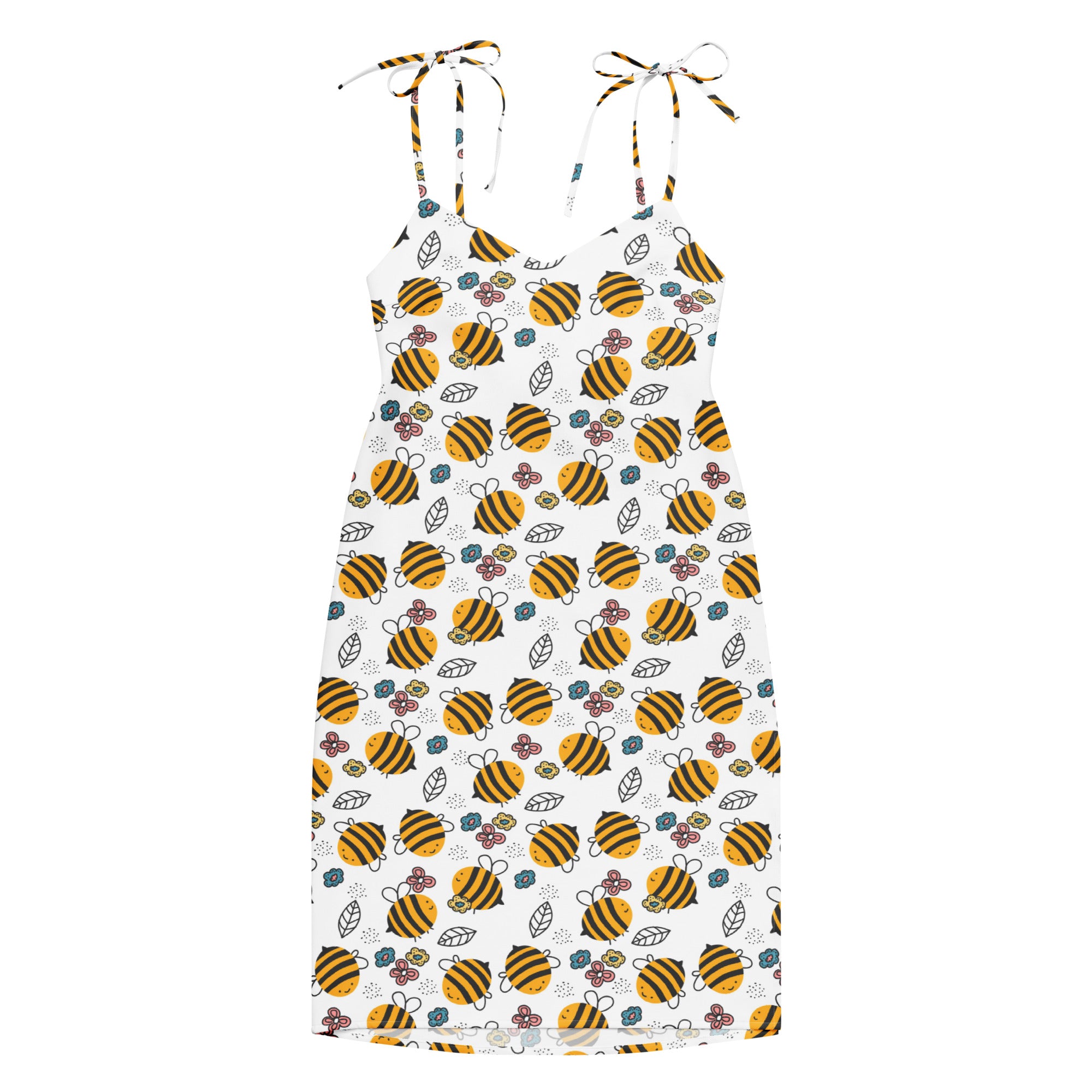 Women’s white floral yellow bumblebee slip dress midi with adjustable tie straps and built in bra featuring bee print