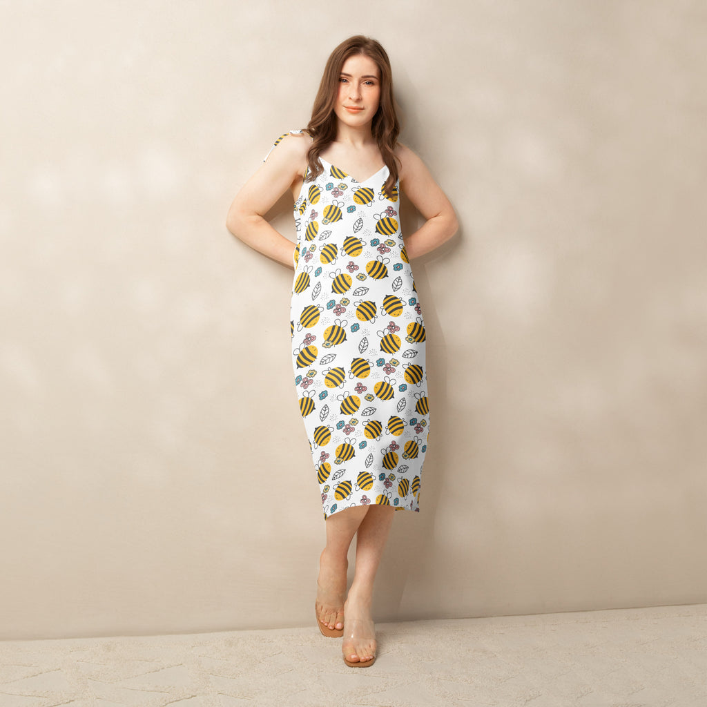 Women’s floral yellow bumblebee white sleeveless midi dress with adjustable tie straps and built-in bra featuring bee and flower print