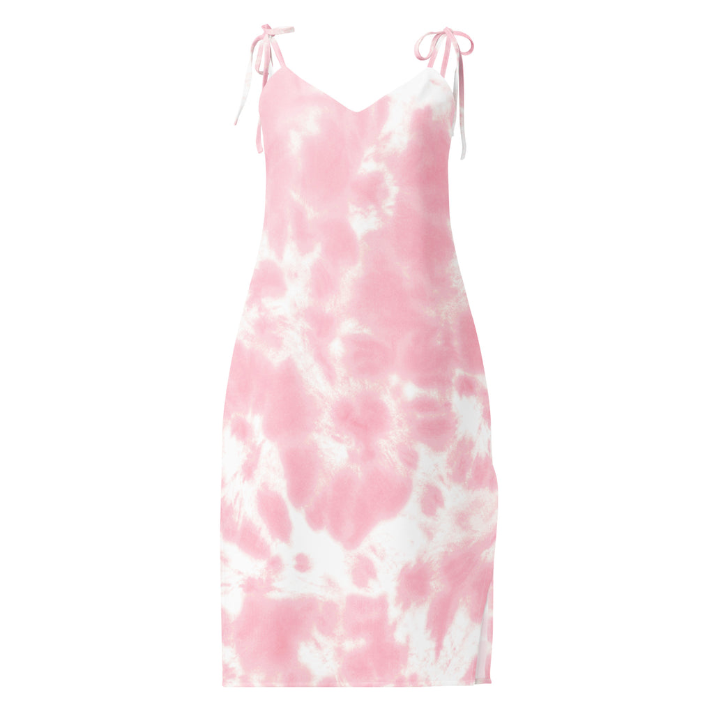 Women’s pink and white tie dye slip dress midi with delicate tied shoulder straps and built in bra