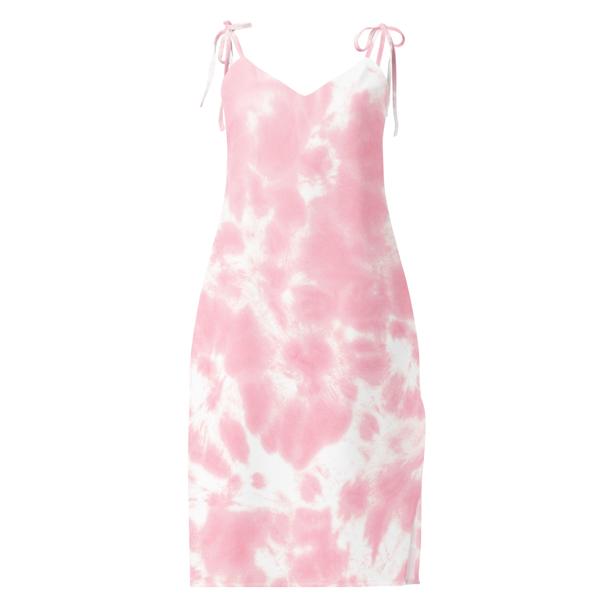 Women’s pink and white tie dye slip dress midi with delicate tied shoulder straps and built in bra