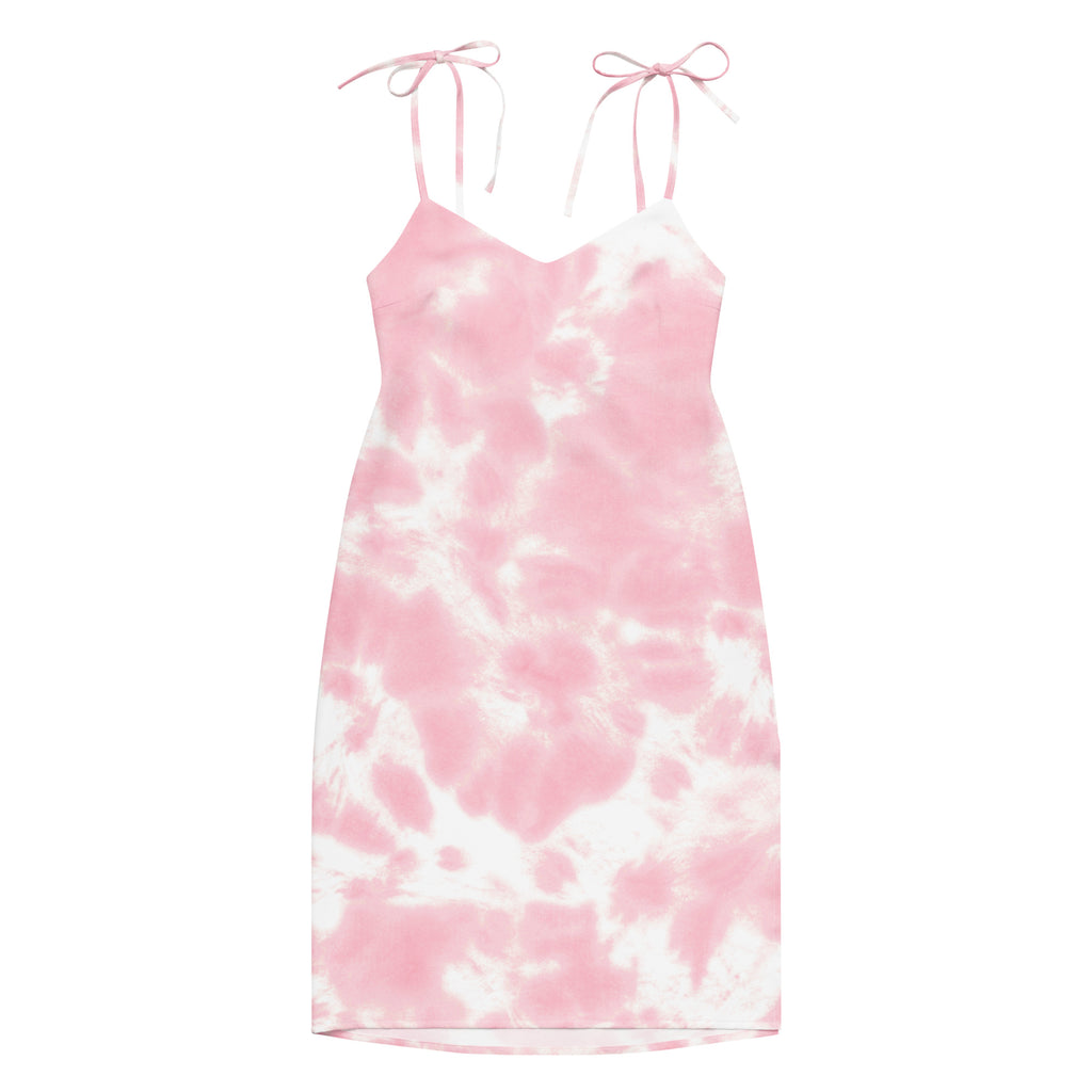 Women’s pink and white tie dye midi slip dress with adjustable spaghetti straps and built in bra
