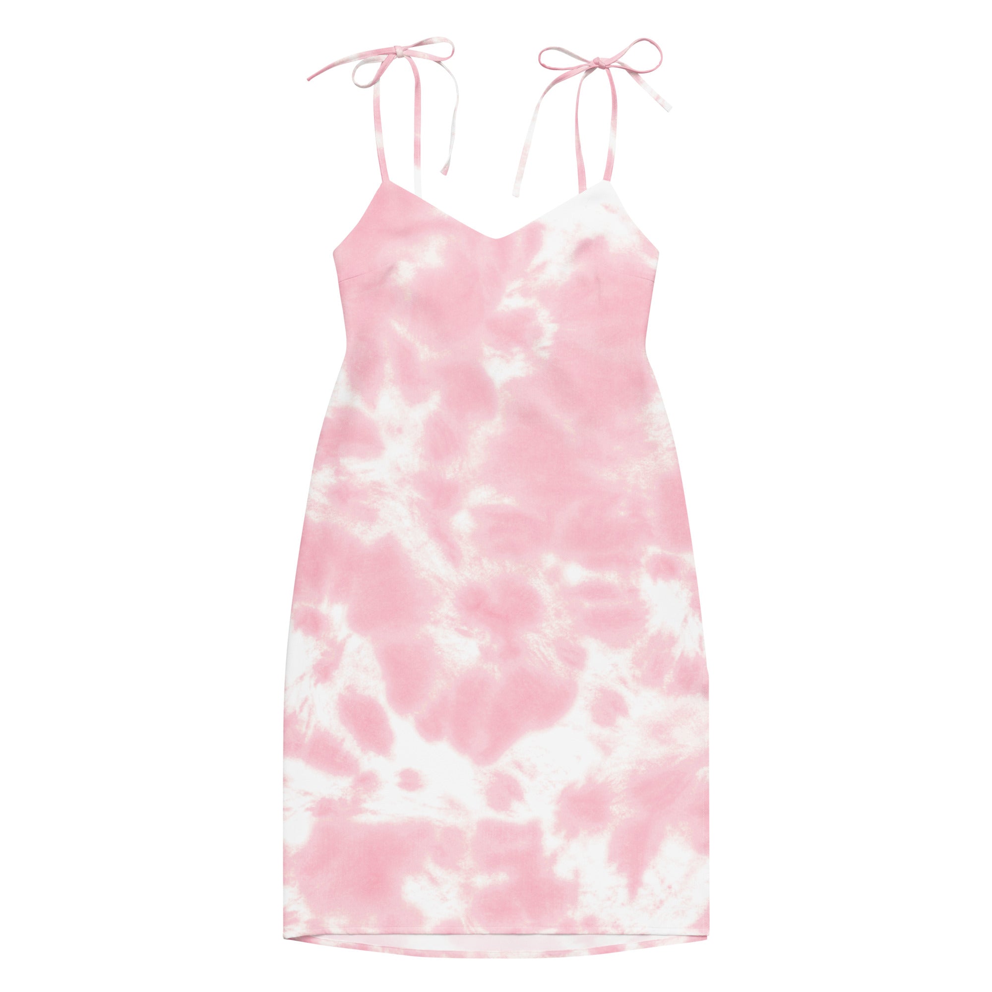 Women’s pink and white tie dye midi slip dress with adjustable spaghetti straps and built in bra