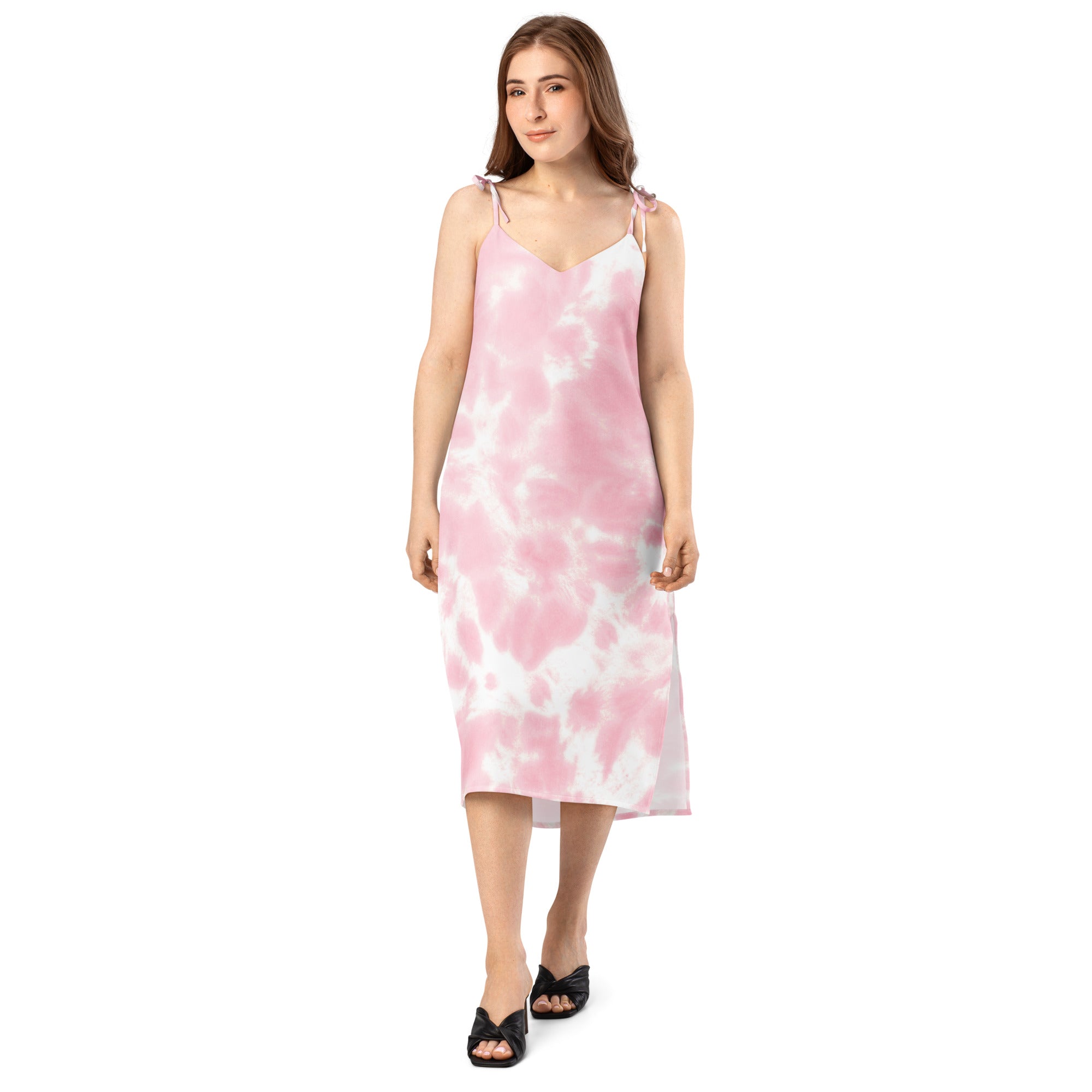 Women’s pink and white tie dye midi slip dress with delicate adjustable spaghetti straps and built in bra