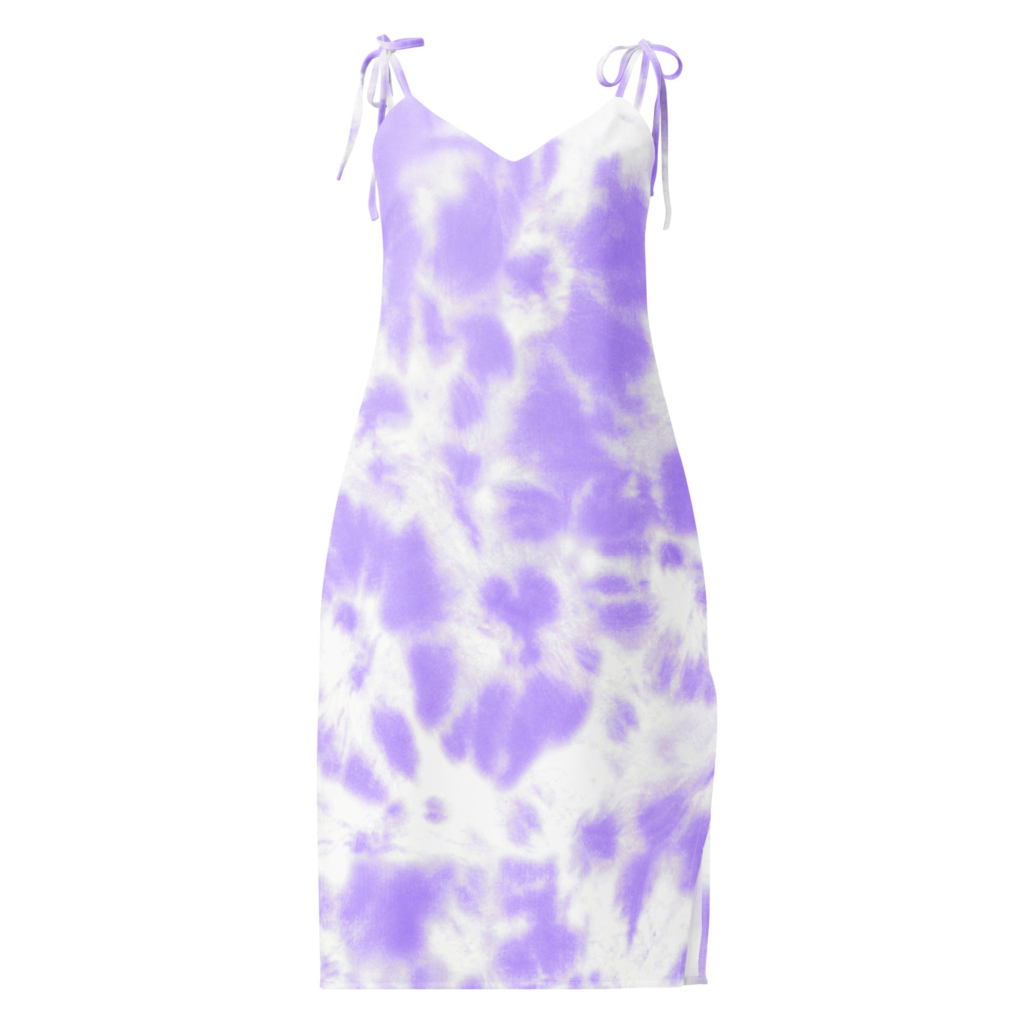 Women’s purple tie dye slip midi dress with adjustable tie straps and built in bra in lavender and white colors