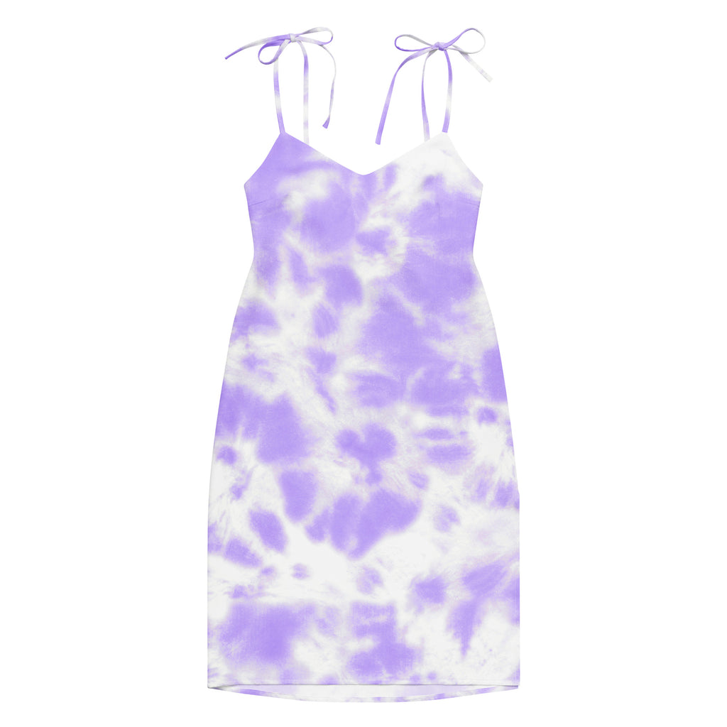 Women’s purple tie dye slip midi dress with adjustable shoulder tie straps and built in bra in lavender and white