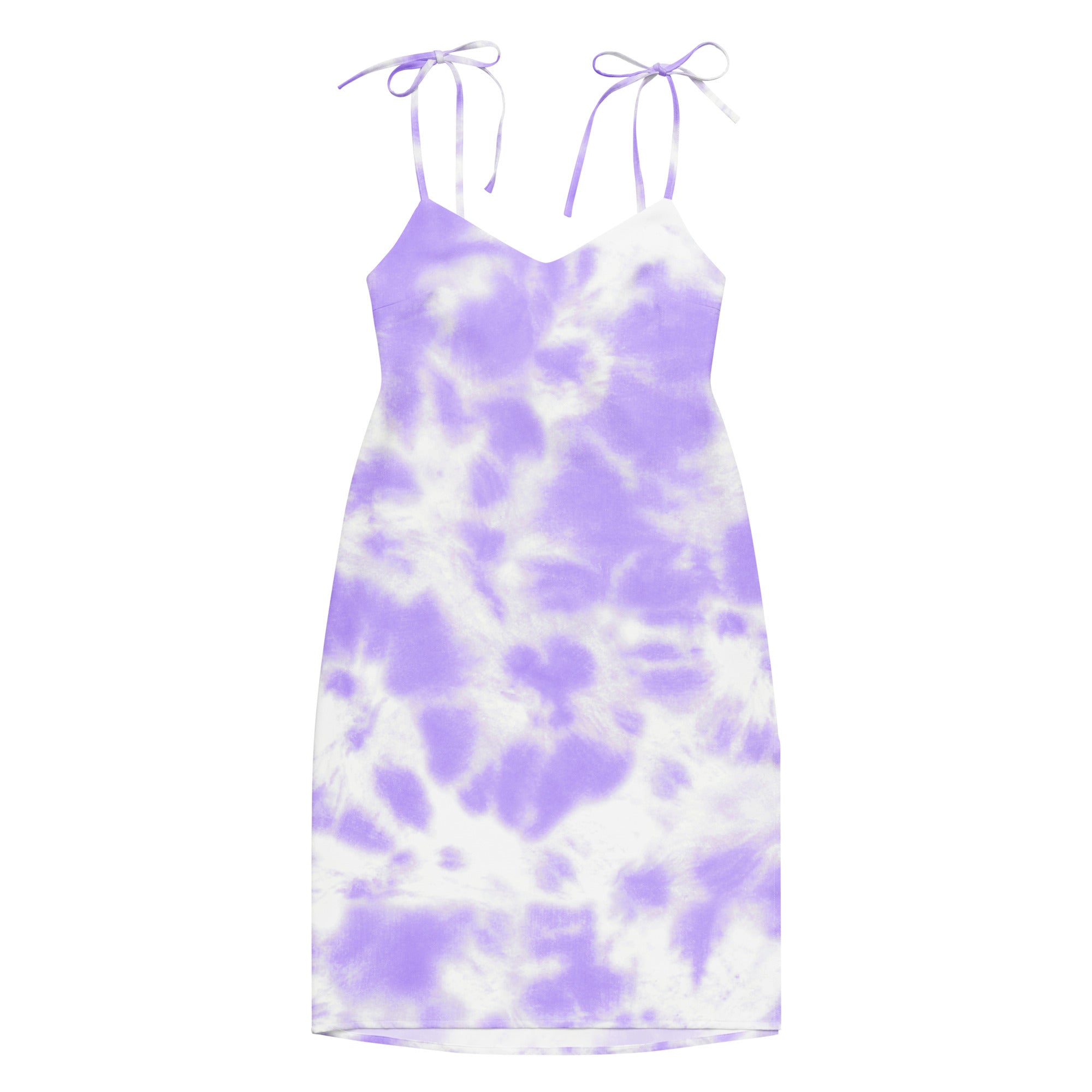 Women’s purple tie dye slip midi dress with adjustable shoulder tie straps and built in bra in lavender and white