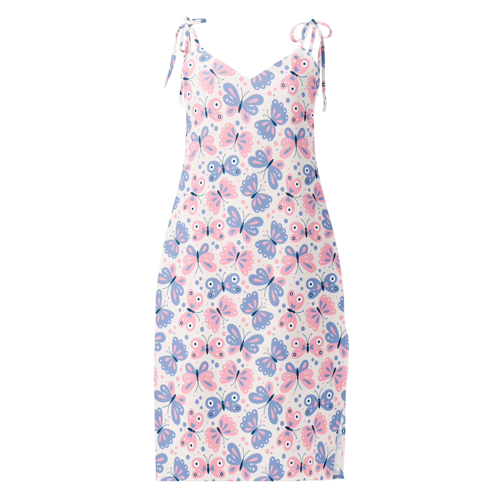 Women’s butterfly print slip dress midi dress with adjustable tie straps pink and lavender butterflies on white