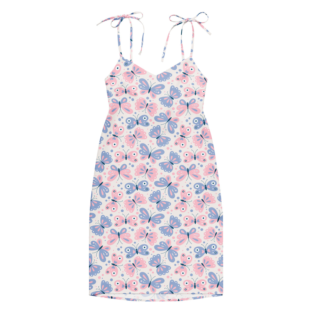 Women’s butterfly print slip dress midi sleeveless with adjustable tie straps soft off-white with pink and lavender butterflies