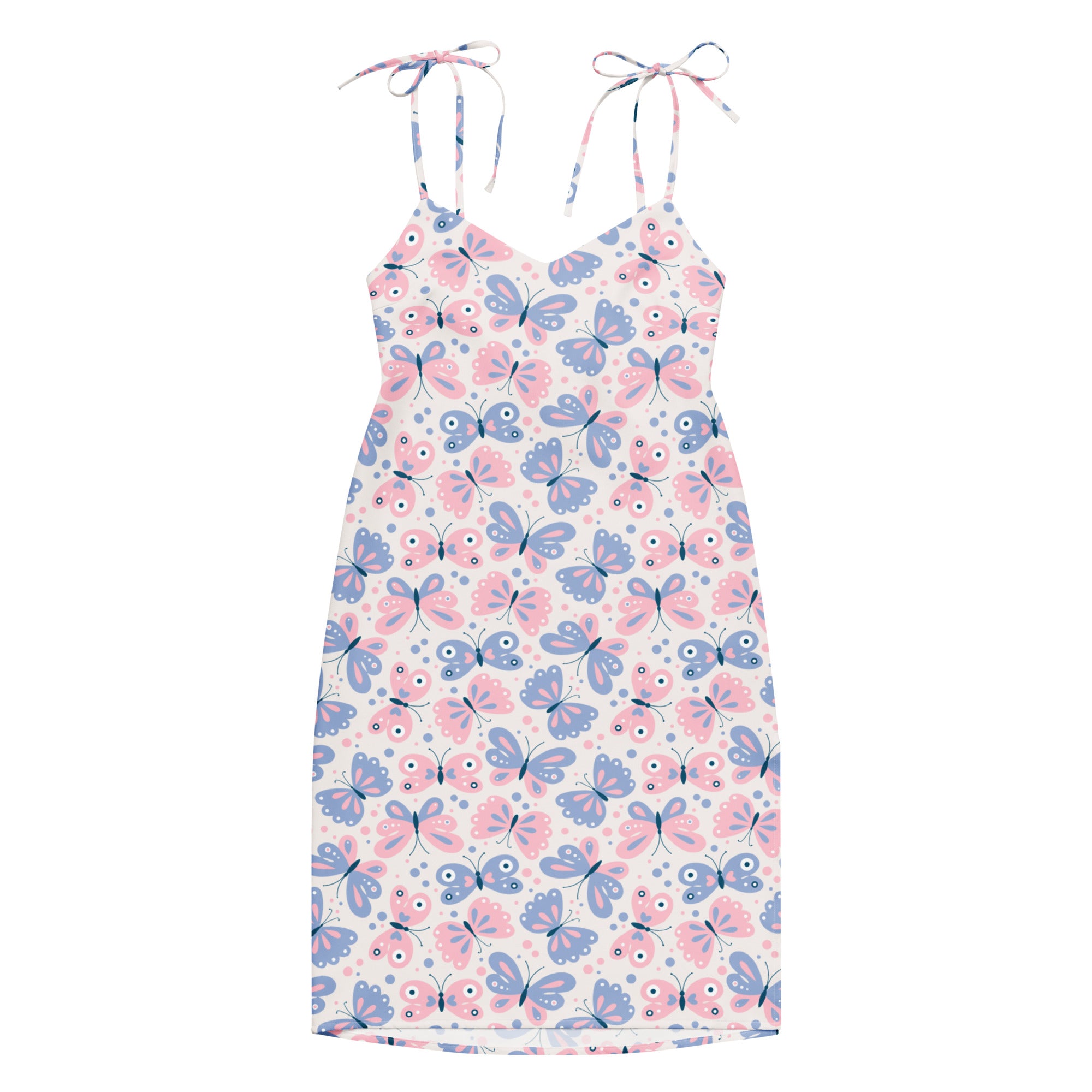 Women’s butterfly print slip dress midi sleeveless with adjustable tie straps soft off-white with pink and lavender butterflies