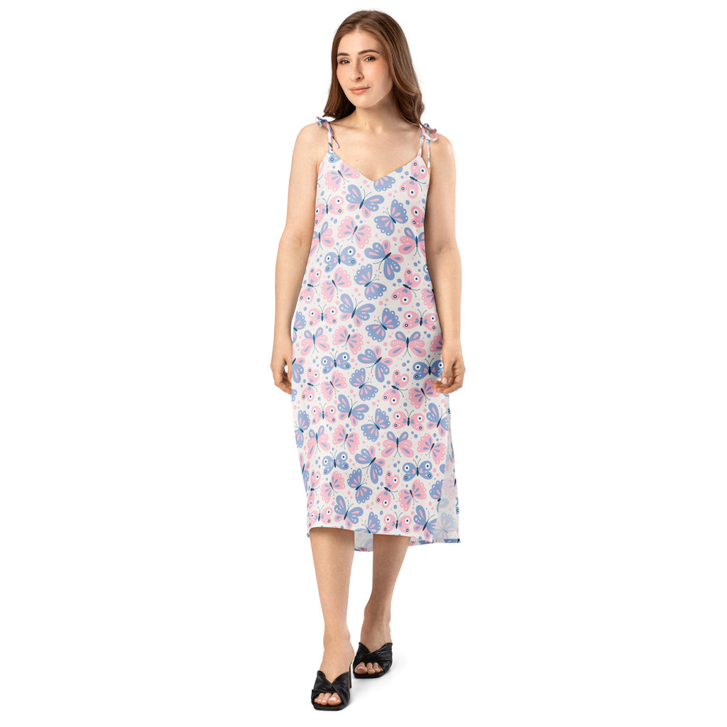 Women’s butterfly print midi slip dress with pink and blue butterflies light fabric adjustable tie straps and built-in bra