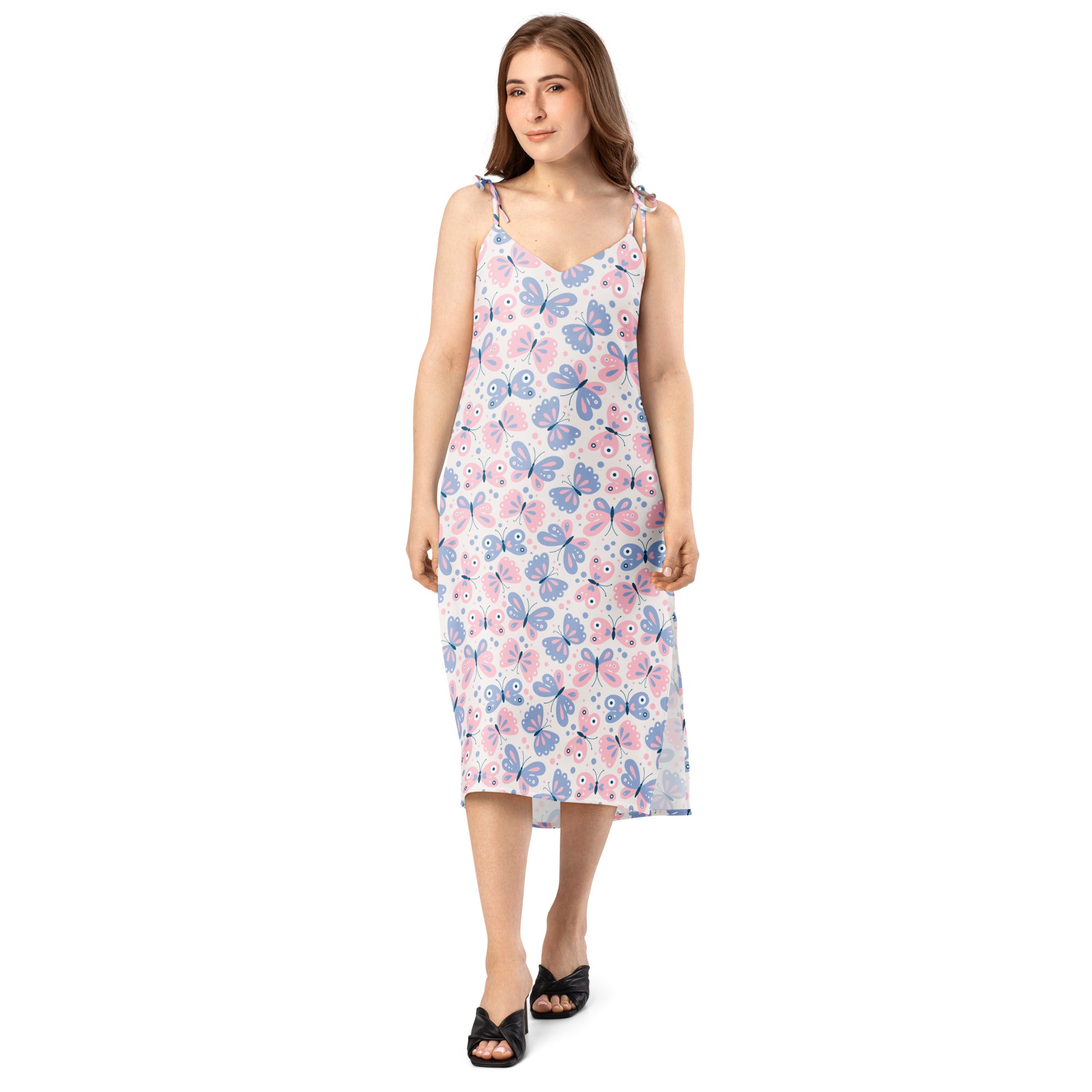 Women’s butterfly print midi slip dress with pink and blue butterflies light fabric adjustable tie straps and built-in bra