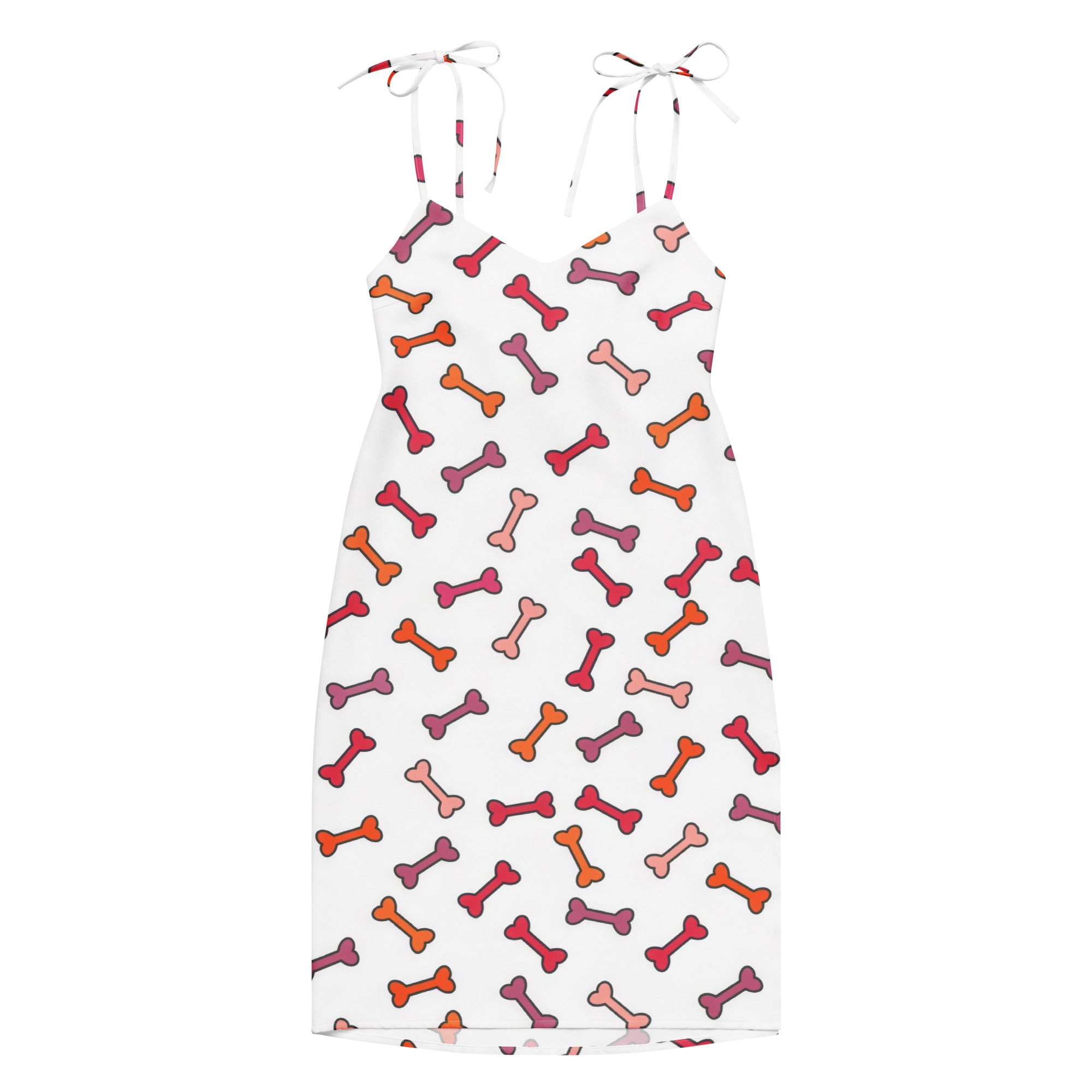 White sleeveless midi dress with multicolored dog bone pattern and adjustable tie straps with built in bra