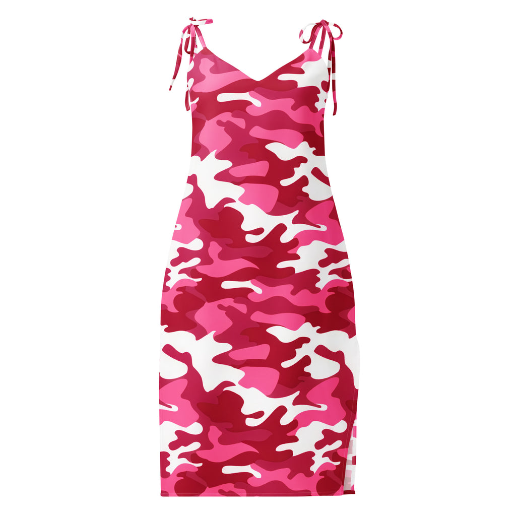 Women’s bright pink and white camouflage midi slip dress with adjustable tie shoulder straps and built in bra