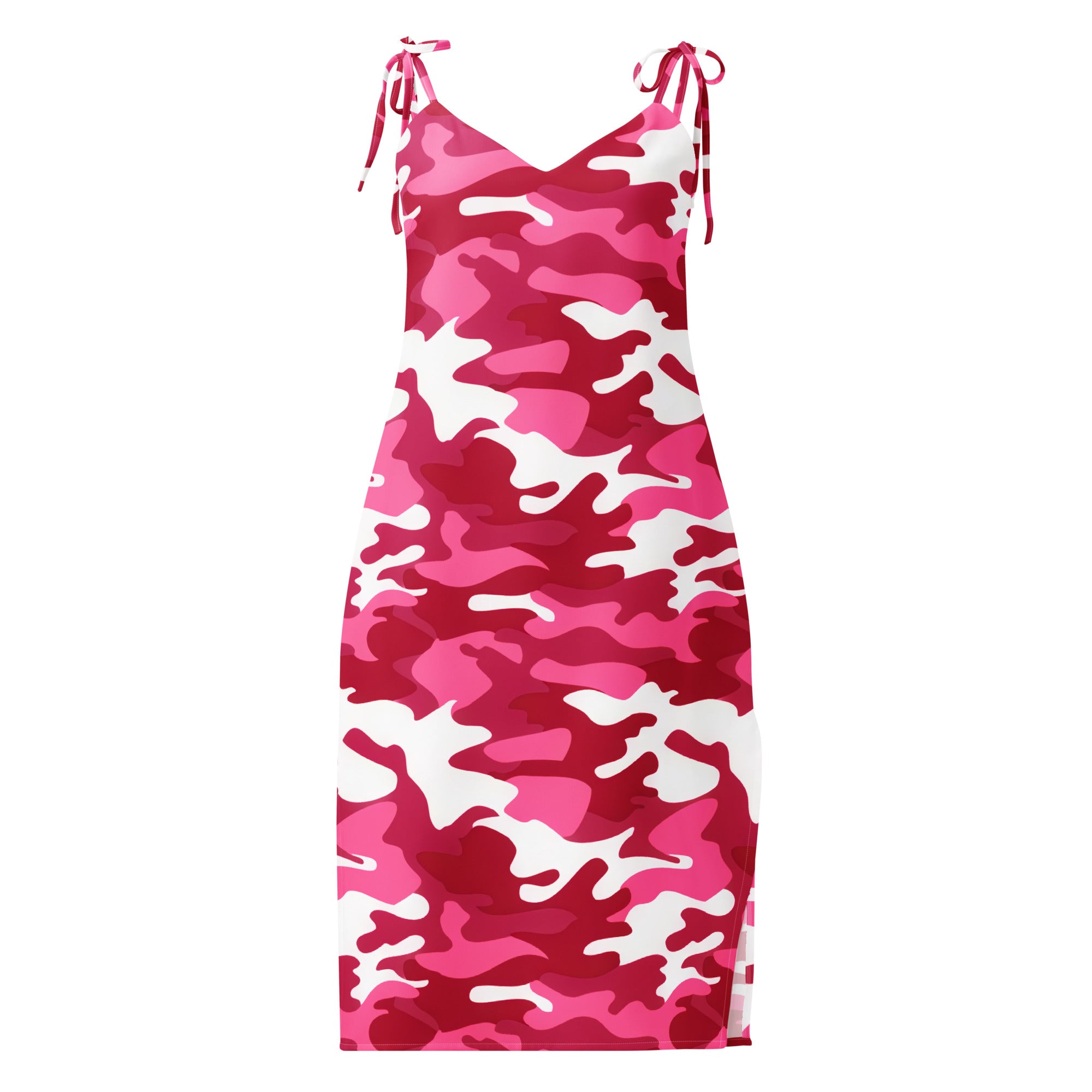 Women’s bright pink and white camouflage midi slip dress with adjustable tie shoulder straps and built in bra