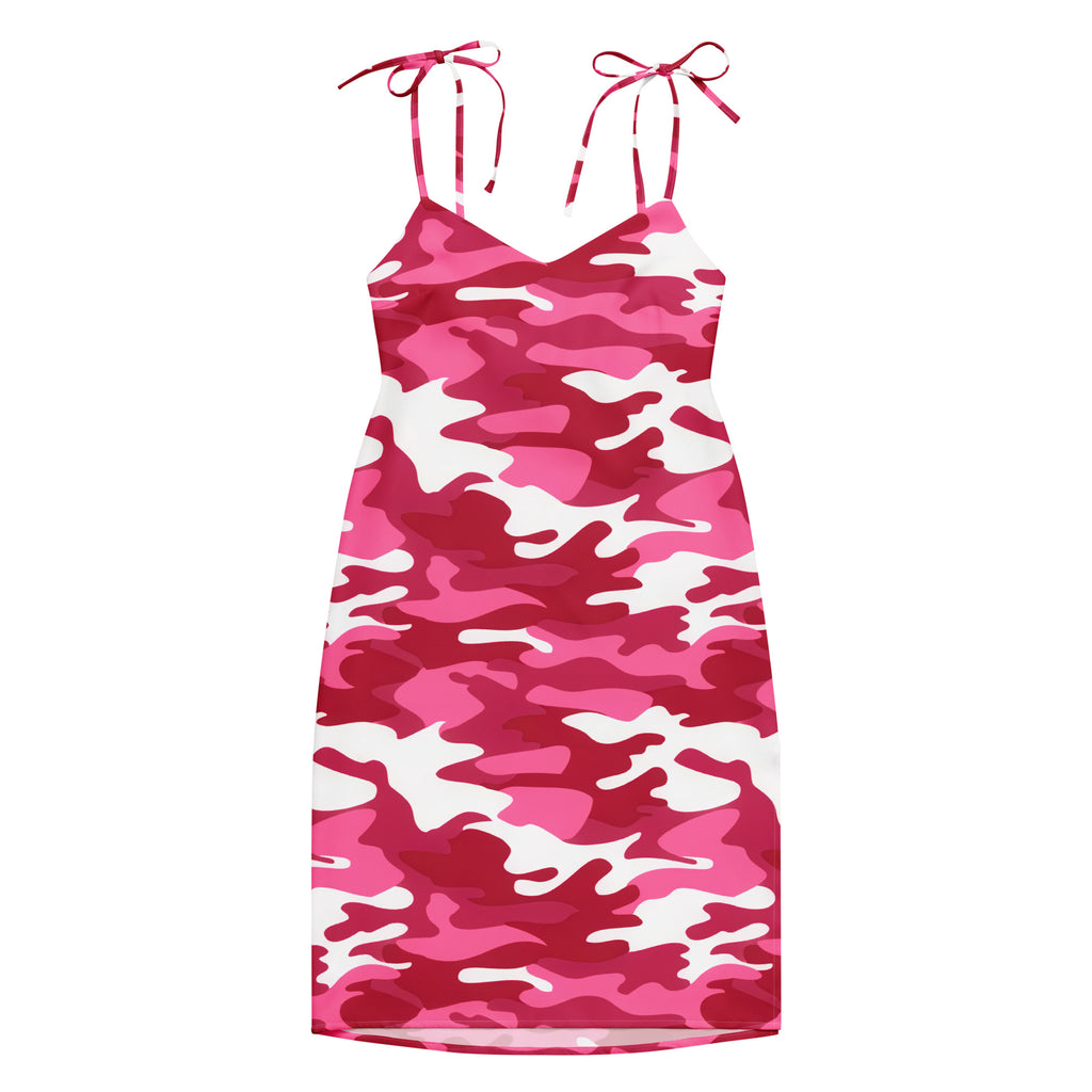 A pink and white camouflage midi slip dress with adjustable tied shoulder straps and a built in bra for women