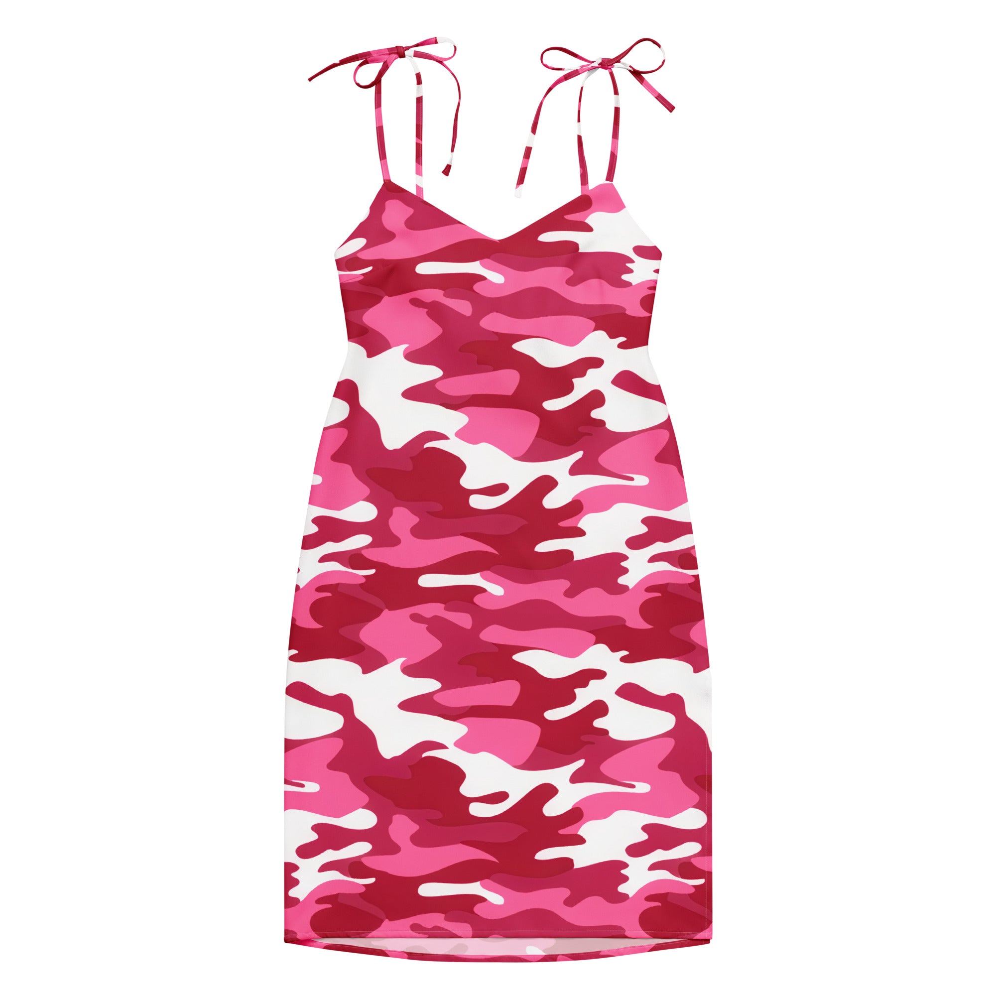 A pink and white camouflage midi slip dress with adjustable tied shoulder straps and a built in bra for women