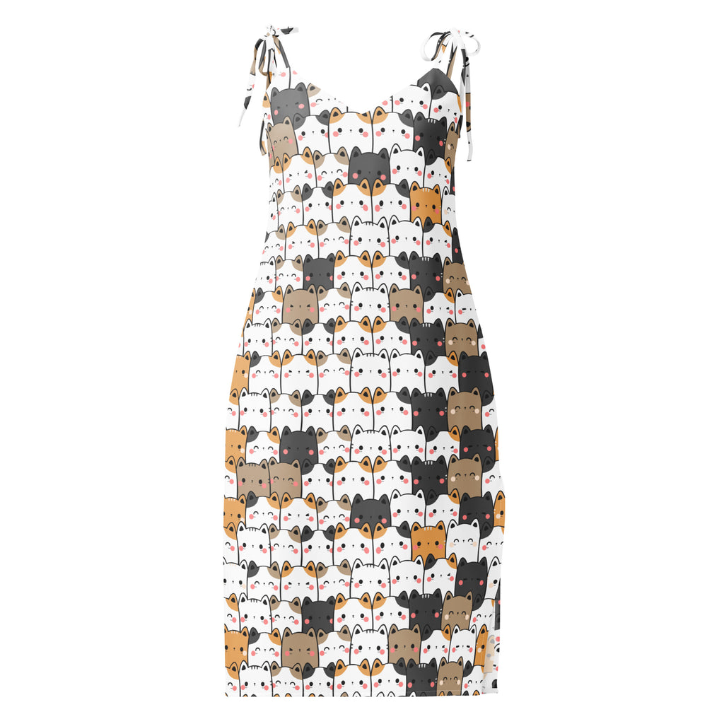 White sleeveless midi slip dress with adjustable tie straps and built in bra featuring kawaii black brown and orange cats