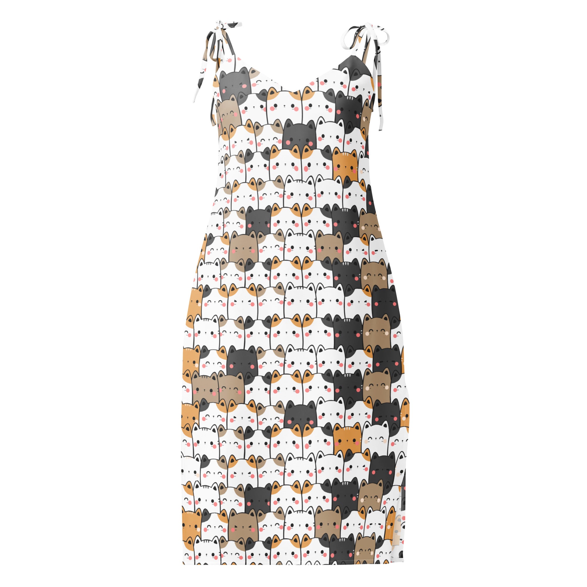 White sleeveless midi slip dress with adjustable tie straps and built in bra featuring kawaii black brown and orange cats