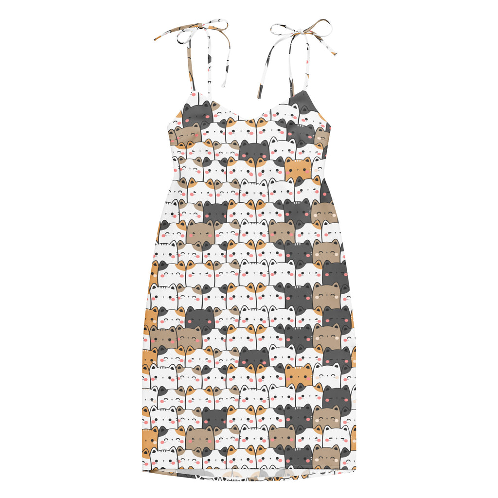 Women’s white kawaii cat slip dress midi with adjustable tie straps and built in bra featuring colorful cartoon cats