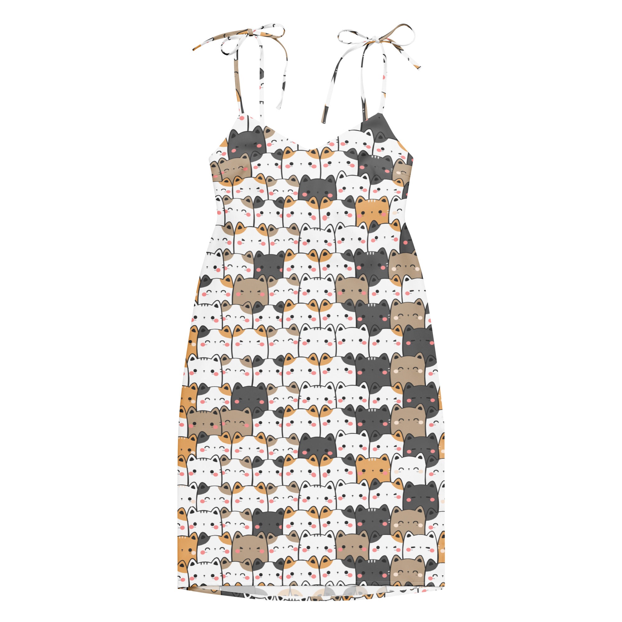 Women’s white kawaii cat slip dress midi with adjustable tie straps and built in bra featuring colorful cartoon cats