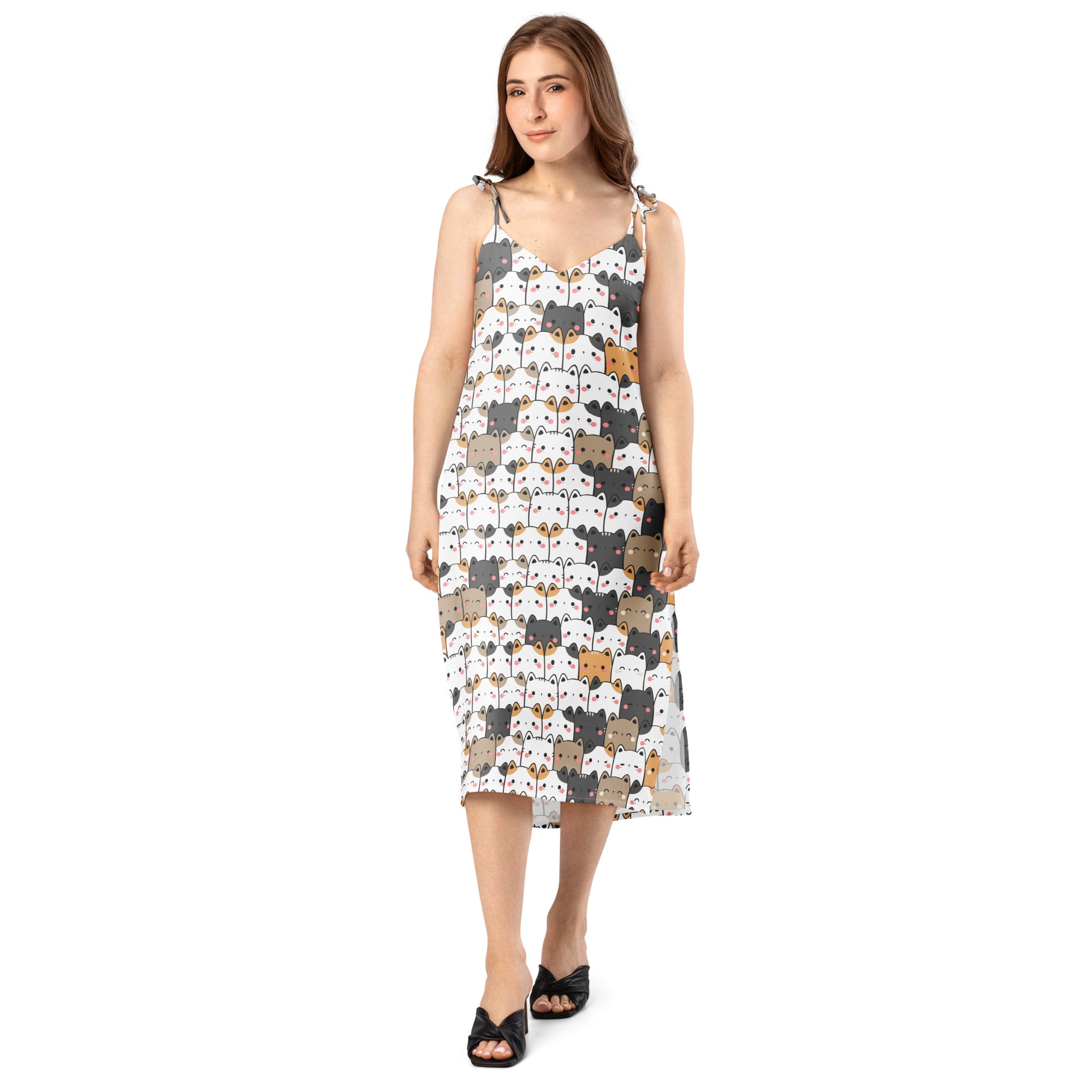 White midi kawaii cat slip dress with adjustable tie straps built in bra featuring colorful cartoon cat pattern