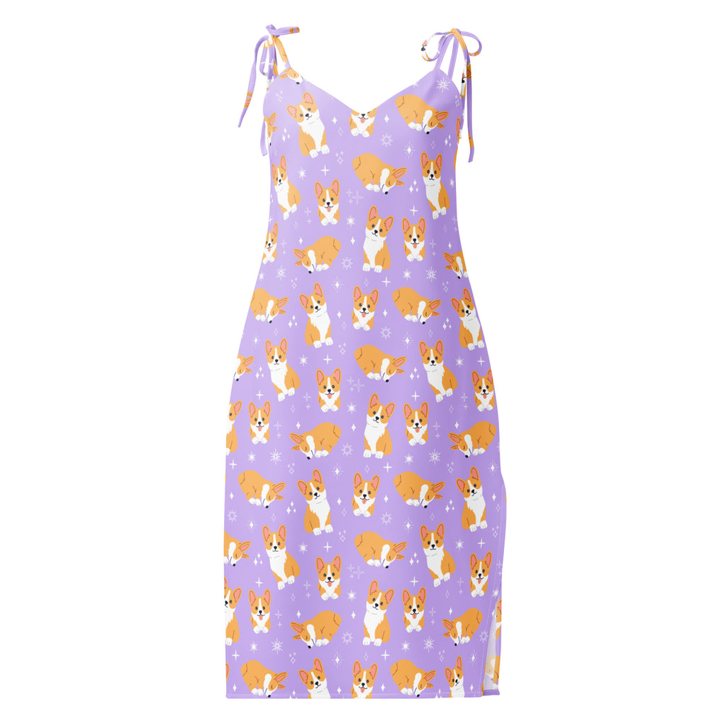 Purple slip dress with corgi pattern on a white background