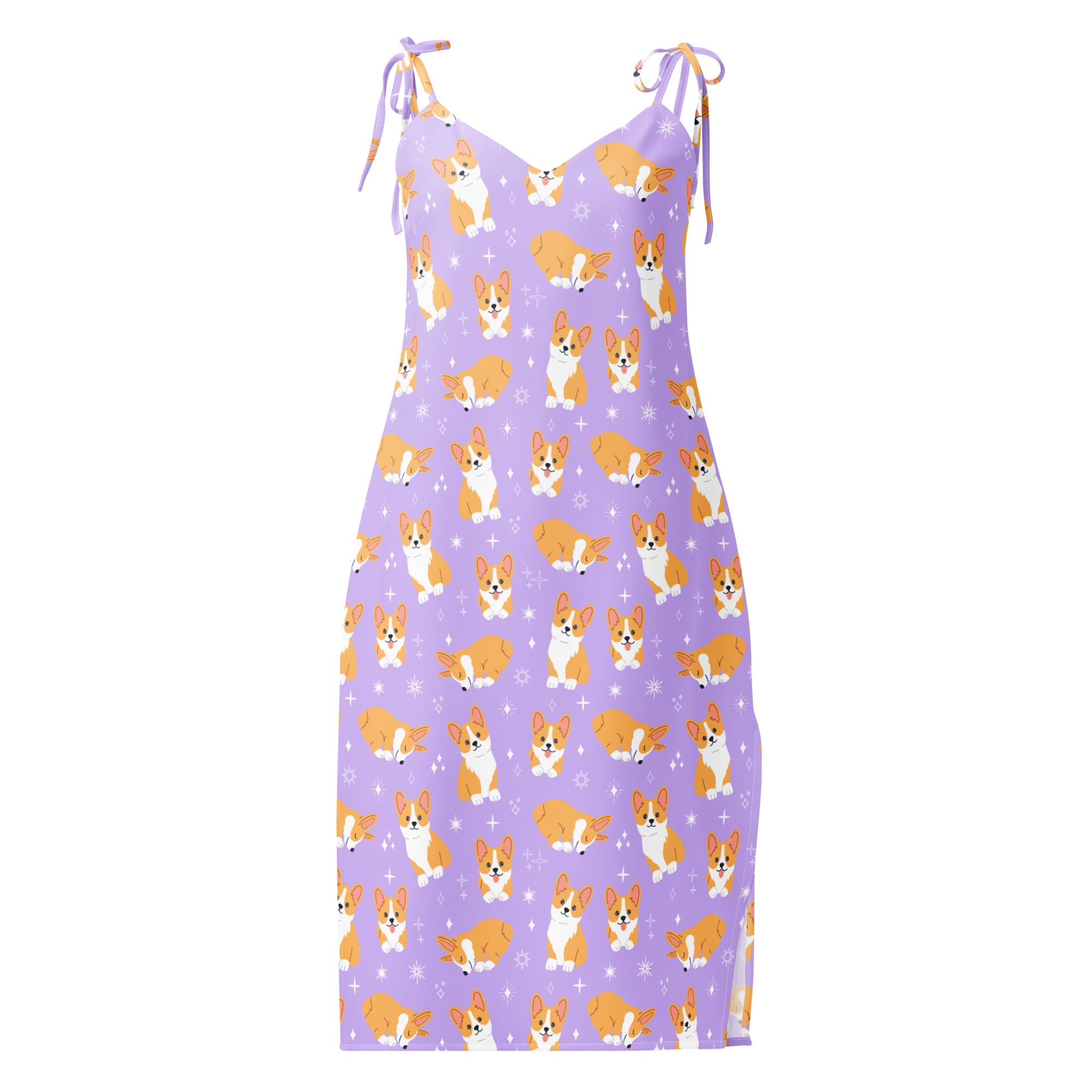 Purple slip dress with corgi pattern on a white background
