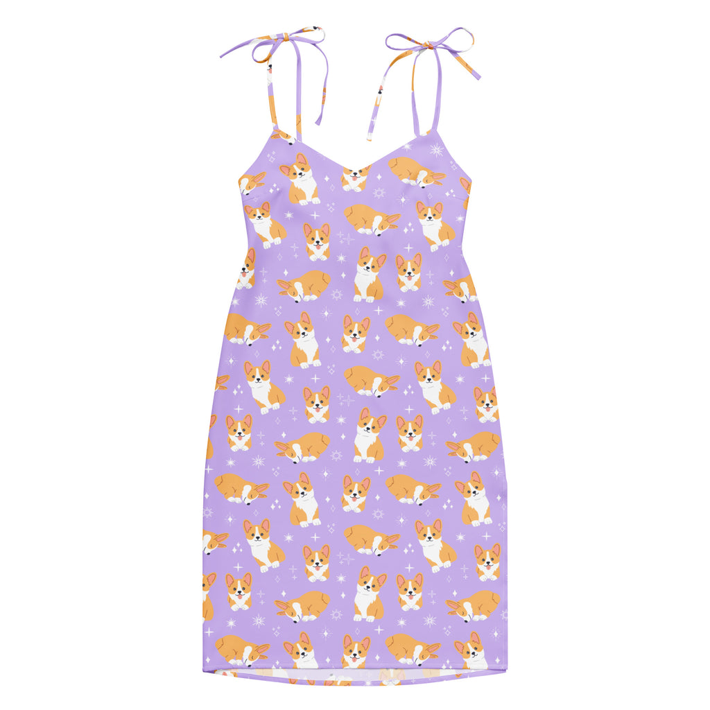 Purple dress with corgi pattern on a white background