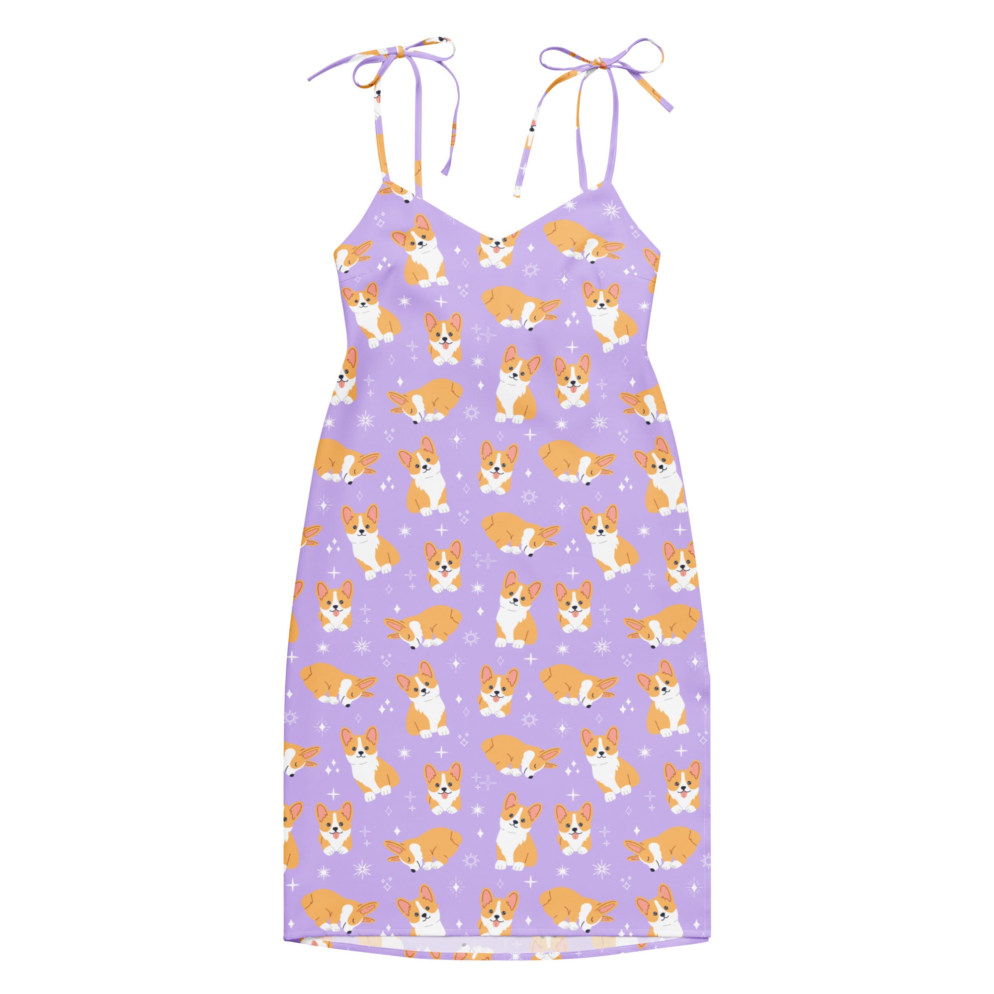 Purple dress with corgi pattern on a white background