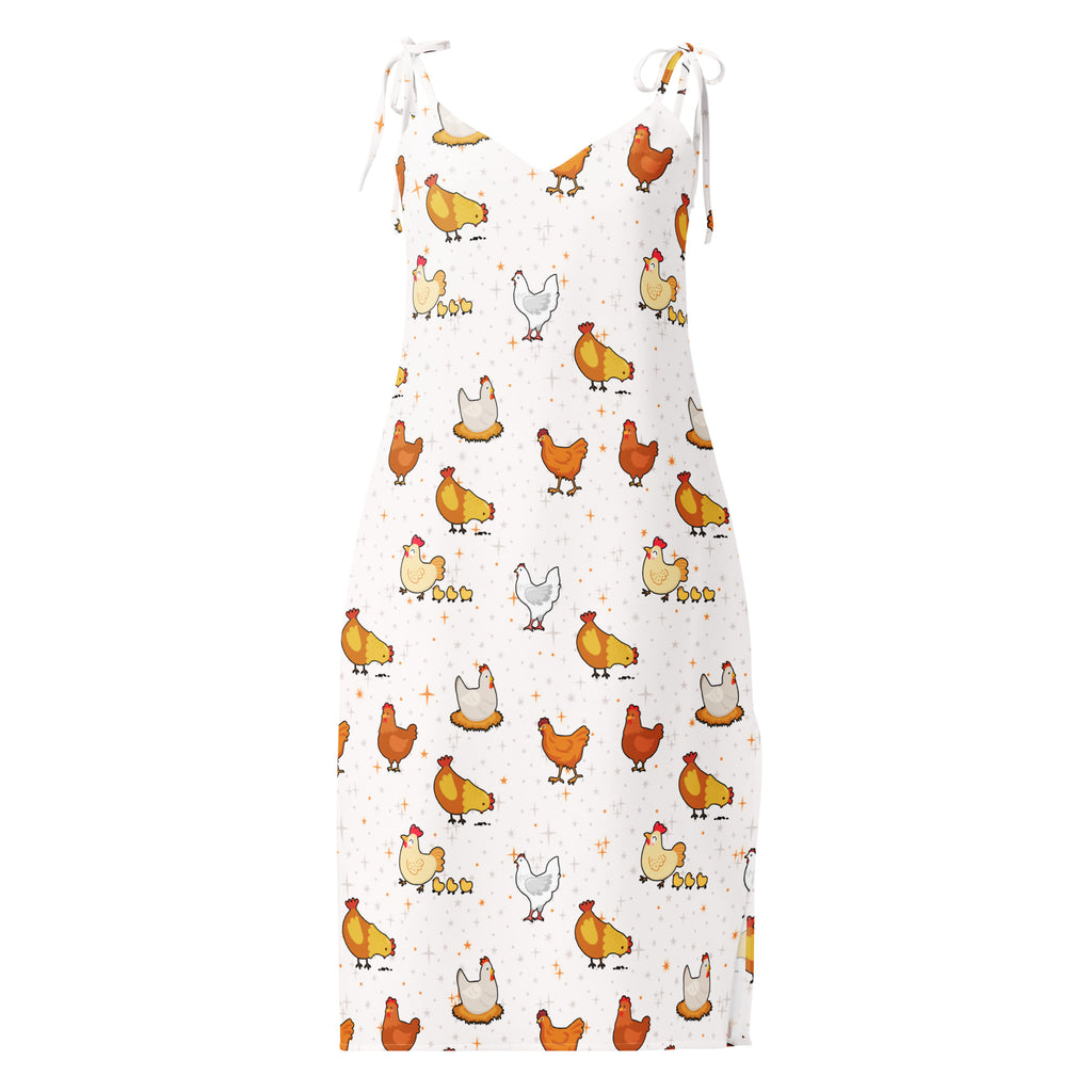 White dress with chicken pattern on a white background