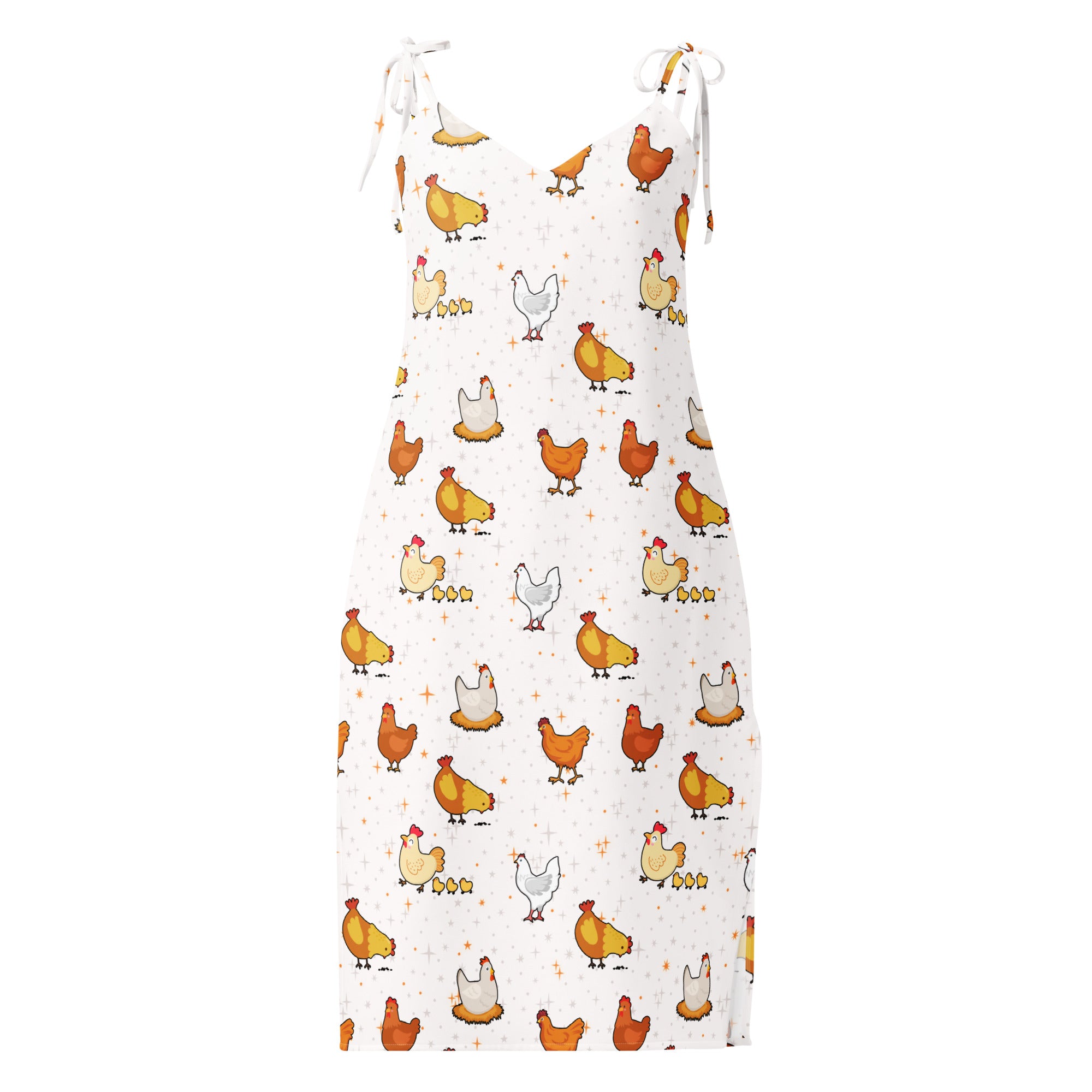 White dress with chicken pattern on a white background