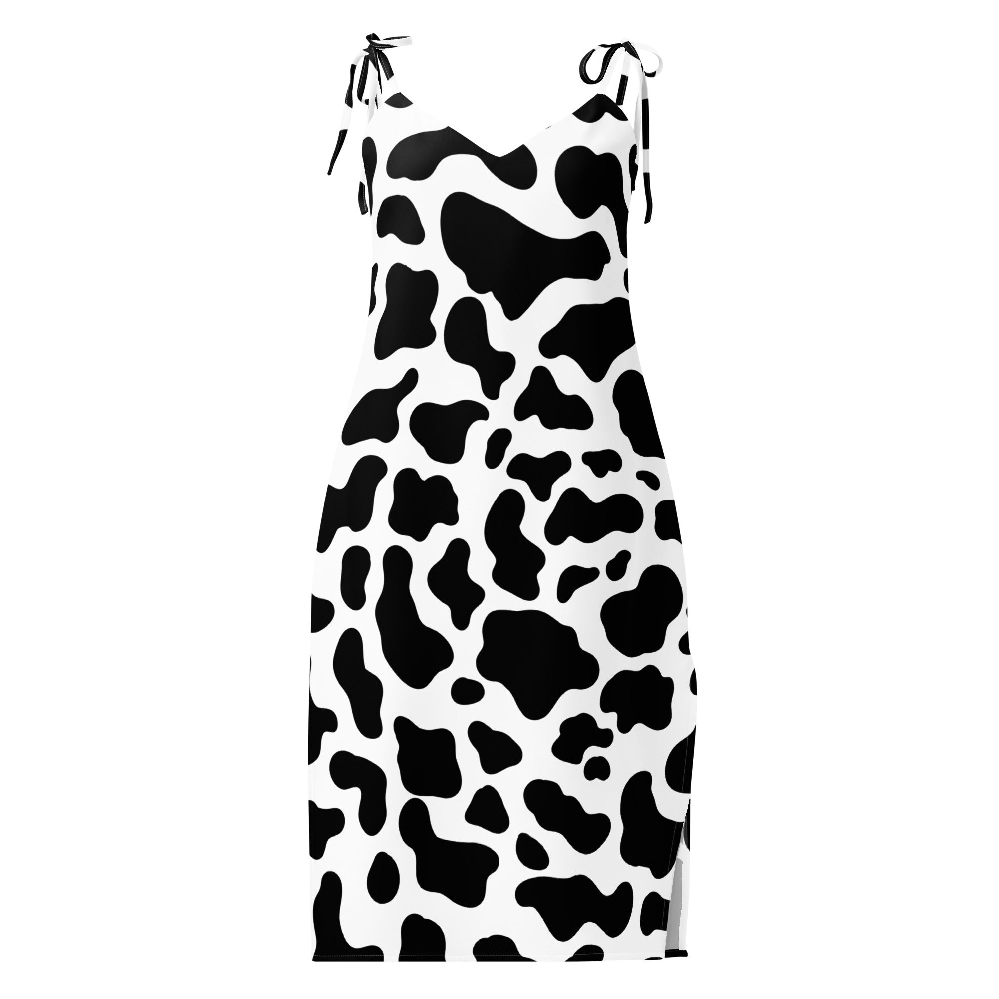 Dress with black and white cow print pattern on a white background