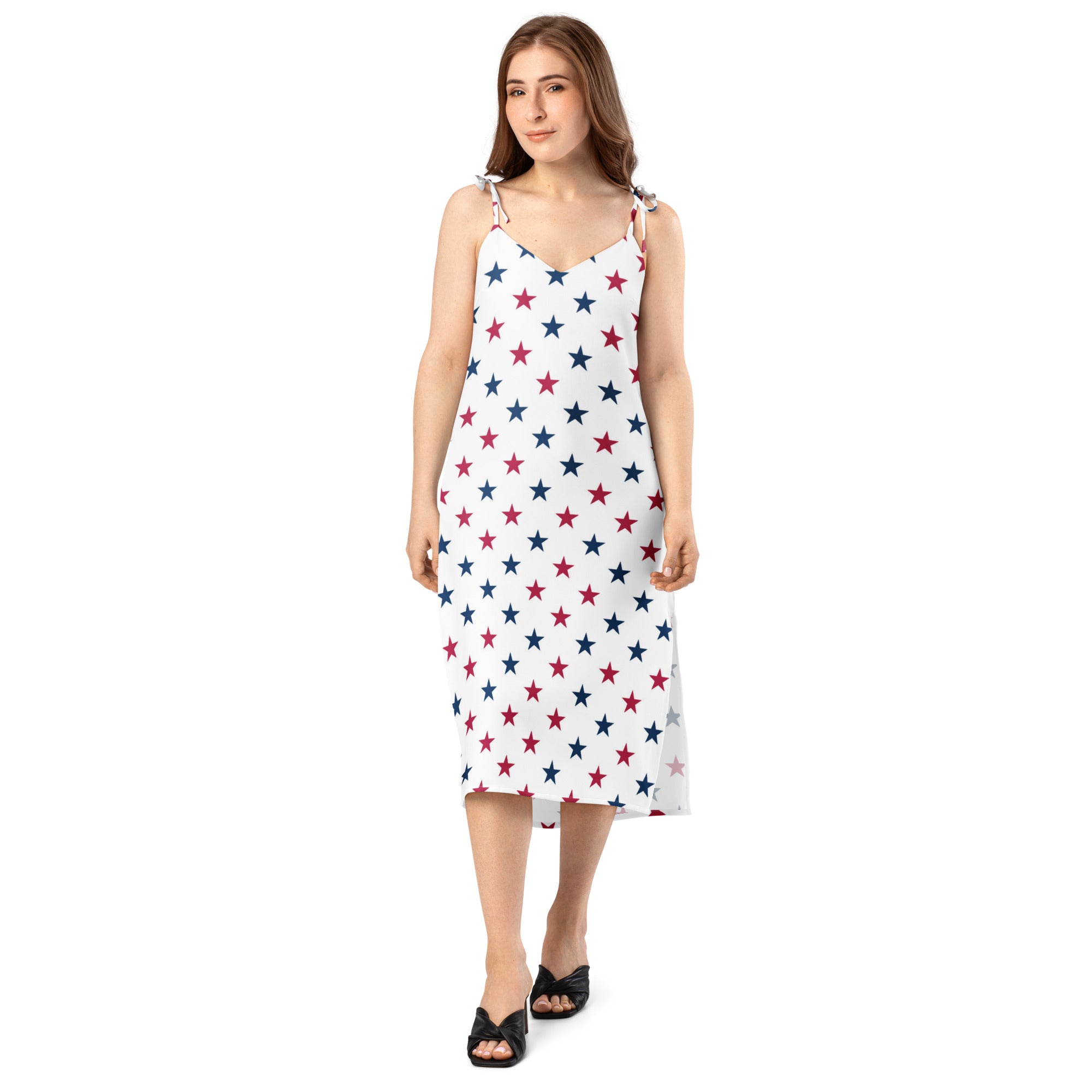 Women's USA Stars Slip Dress - Midi Dress With Adjustable Tie Straps & Built In Bra 