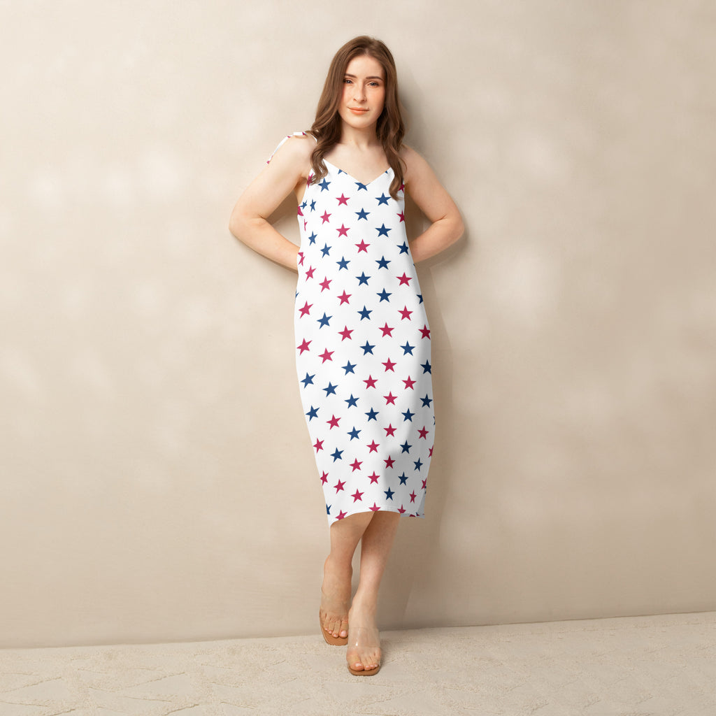 Women's USA Stars Slip Dress - Midi Dress With Adjustable Tie Straps & Built In Bra 