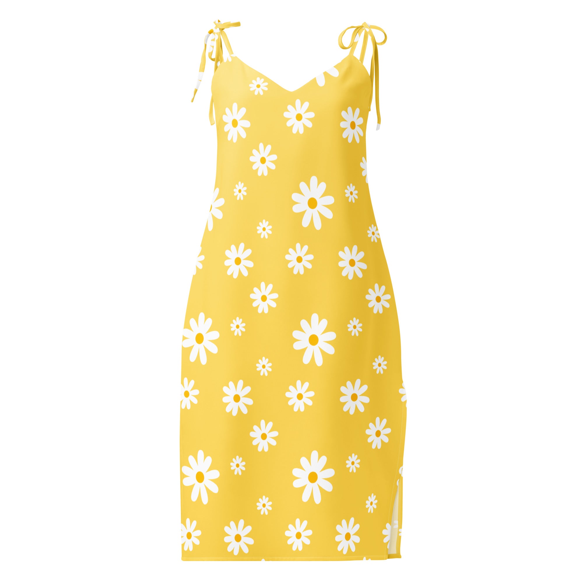 A vibrant yellow midi slip dress with white daisy pattern and adjustable tie straps featuring built in bra