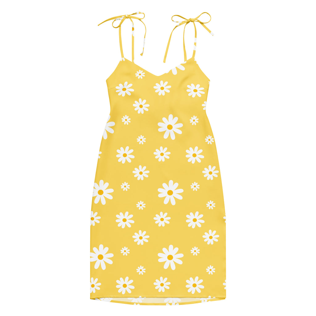 Women’s yellow daisy slip midi dress with white prints, adjustable tie straps, and built-in bra detail