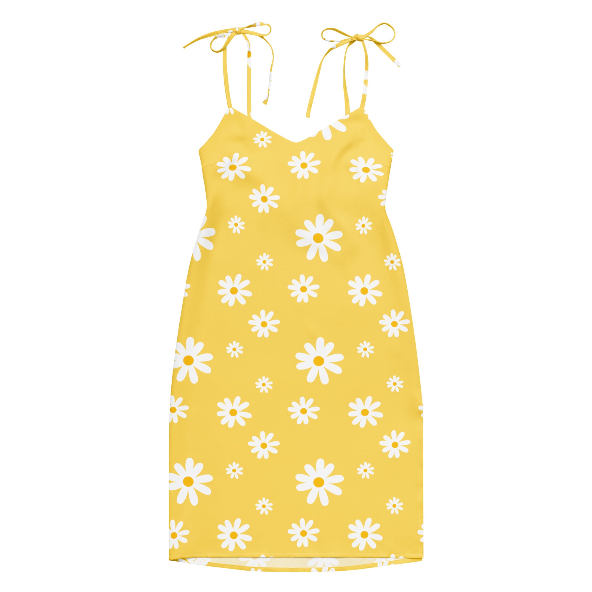 Women’s yellow daisy slip midi dress with white prints, adjustable tie straps, and built-in bra detail