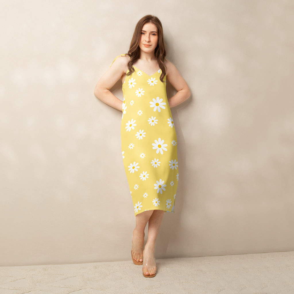 Women’s yellow sleeveless midi slip dress with white daisy pattern adjustable tie straps and built-in bra