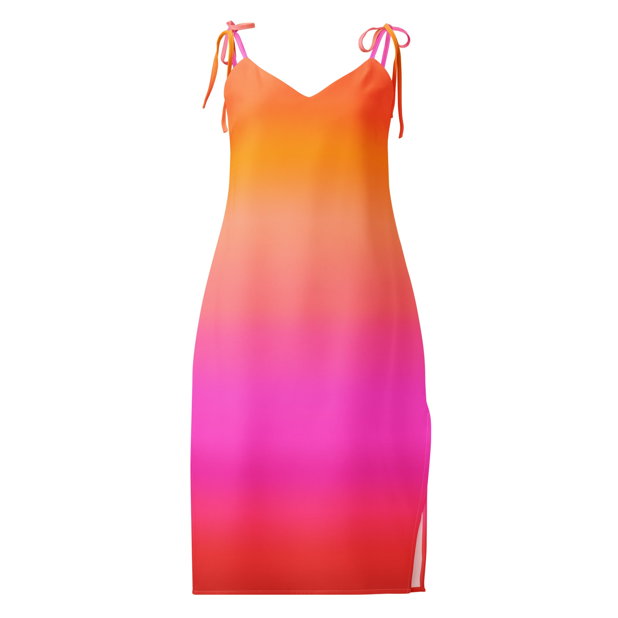 Women’s sunset ombre slip dress midi with adjustable tie straps satin fabric gradient from orange to magenta and coral