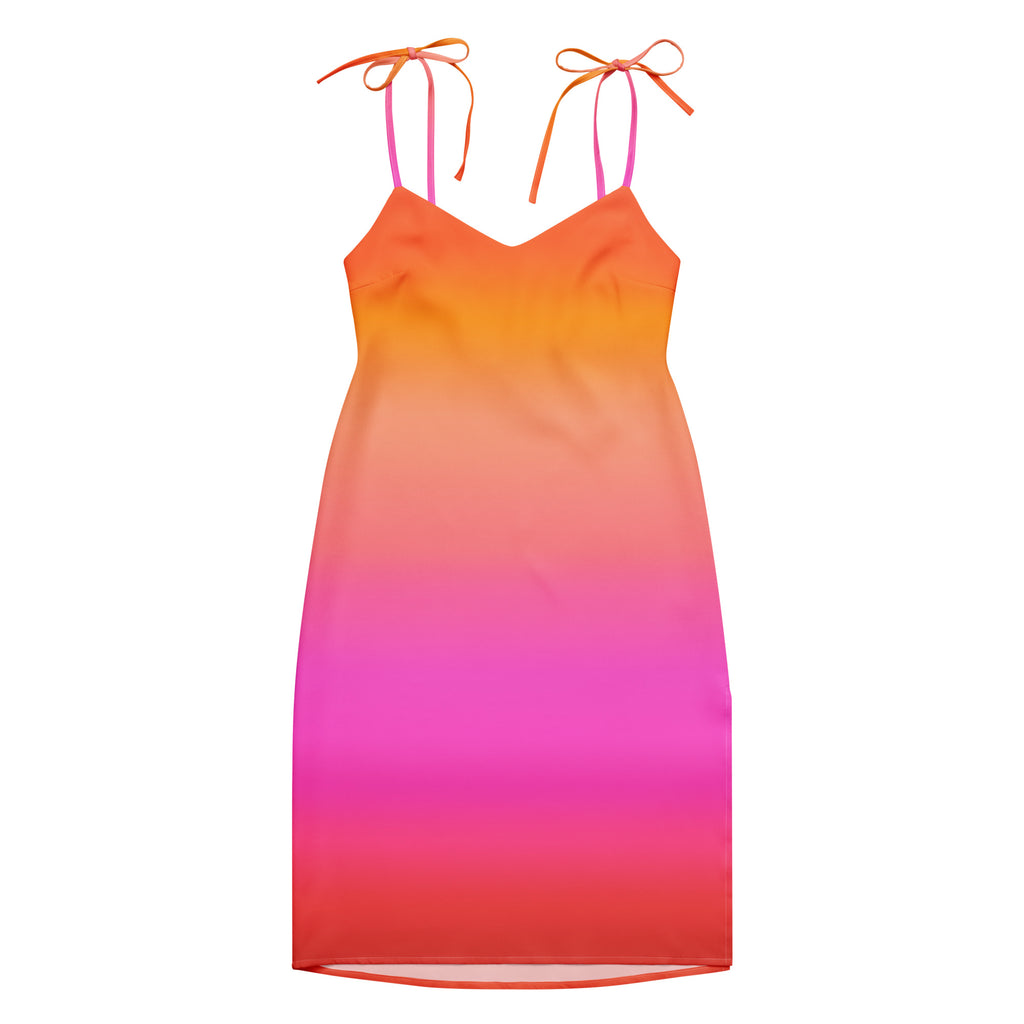 A women’s sunset ombre slip midi dress with adjustable tie straps and built-in bra in orange pink and red gradient
